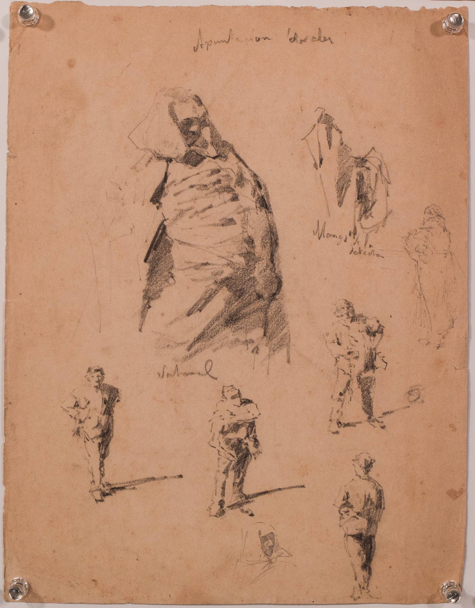 A group of six drawings of a man sitting on a horse.