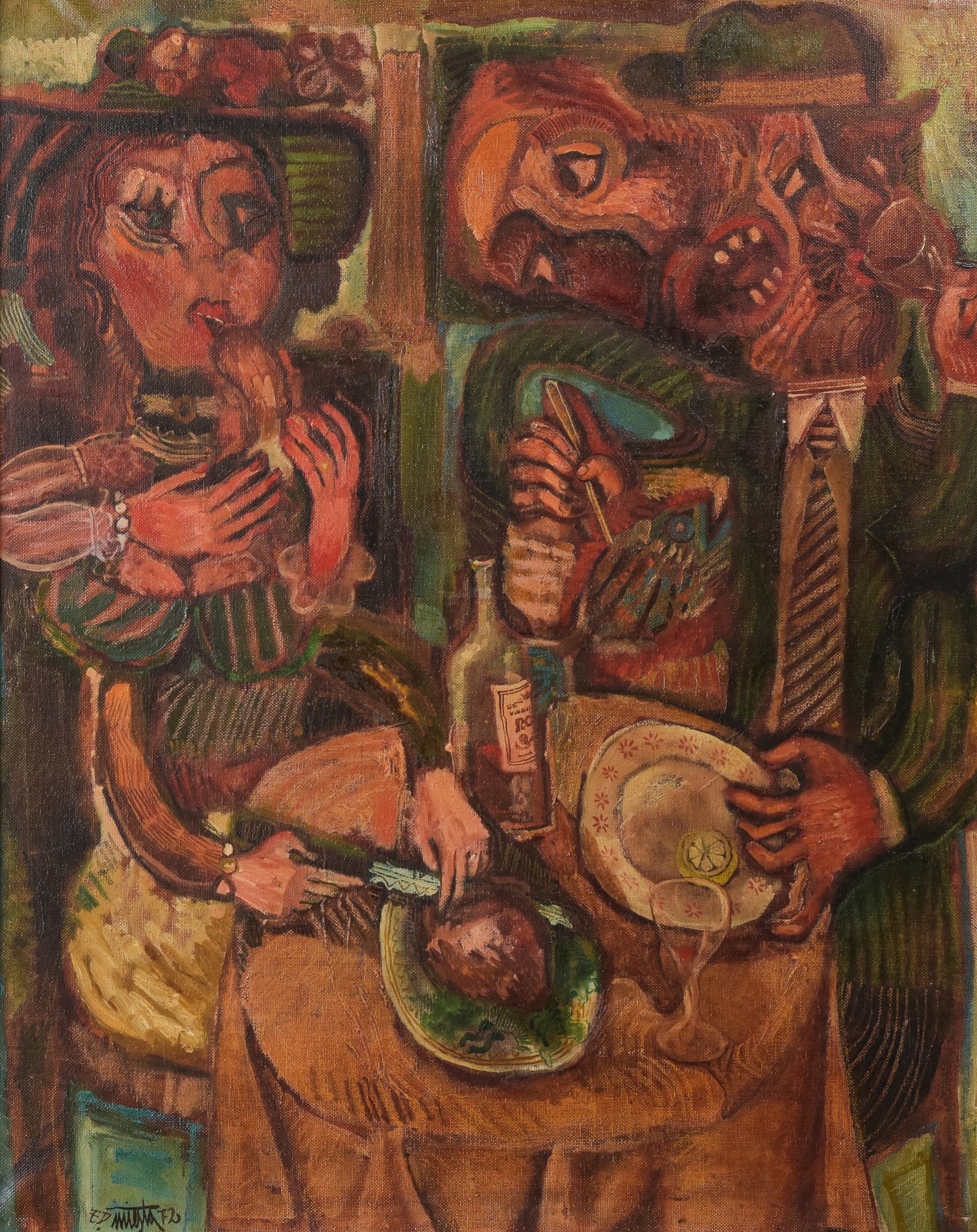 A painting of a man and woman sitting at a table.