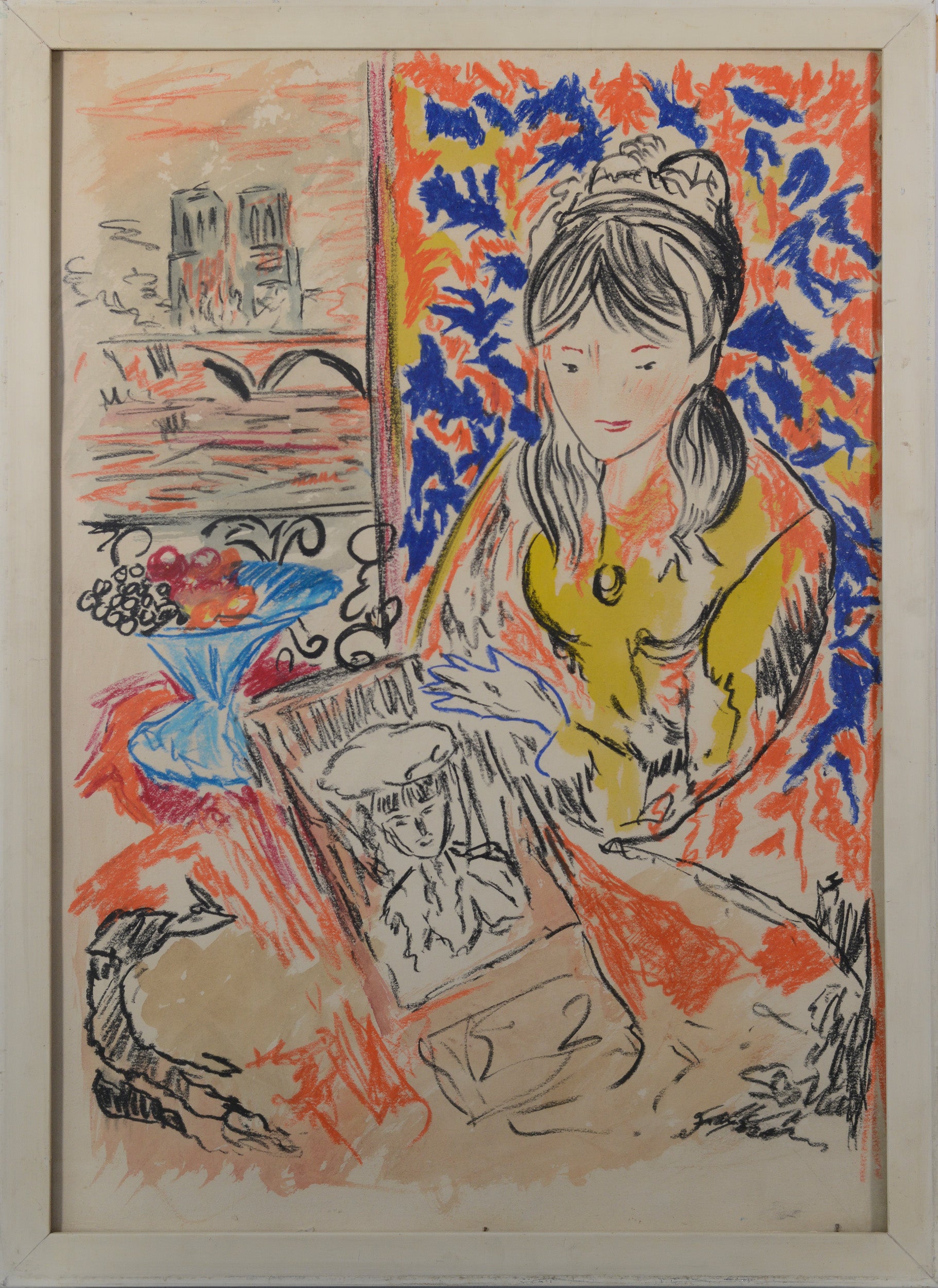 A drawing of a woman sitting in front of a mirror.