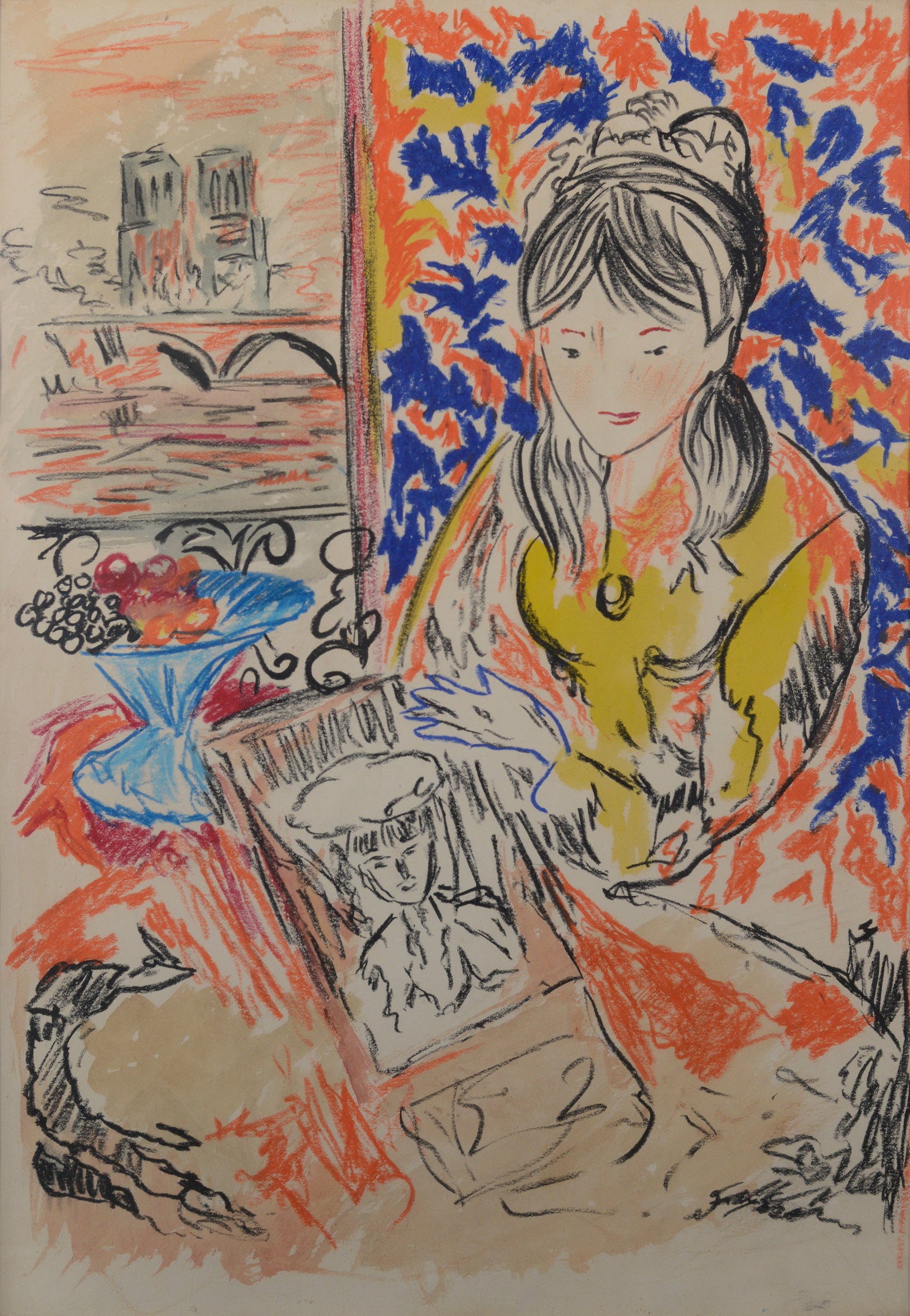 A drawing of a woman sitting in front of a mirror.