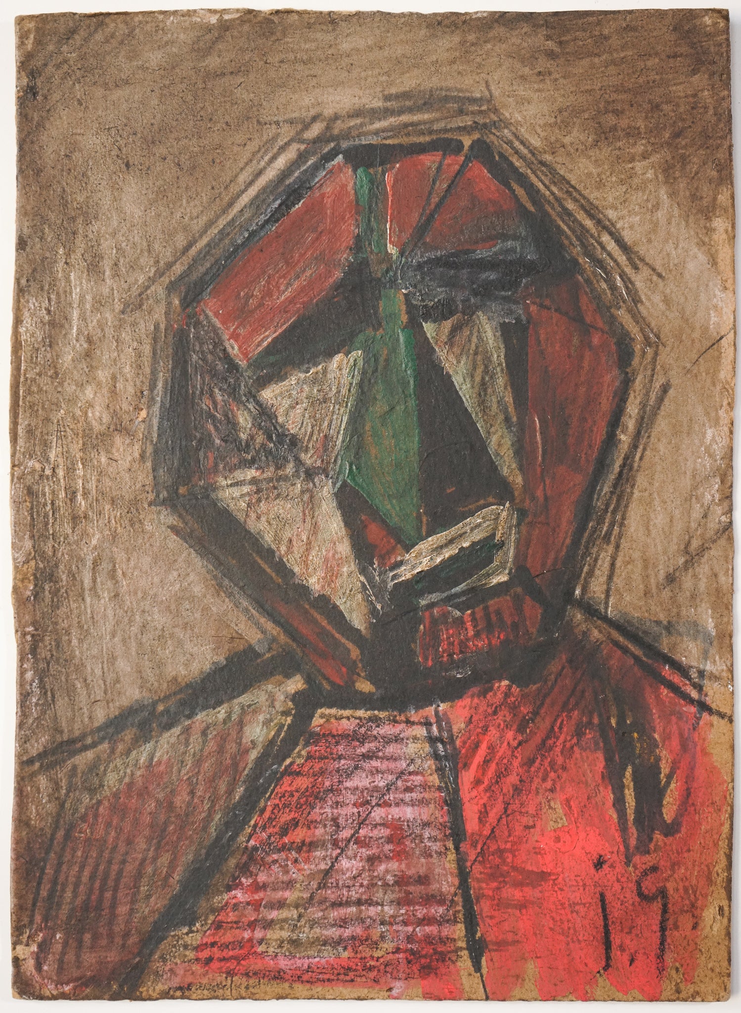 A drawing of a man with a red and green face.