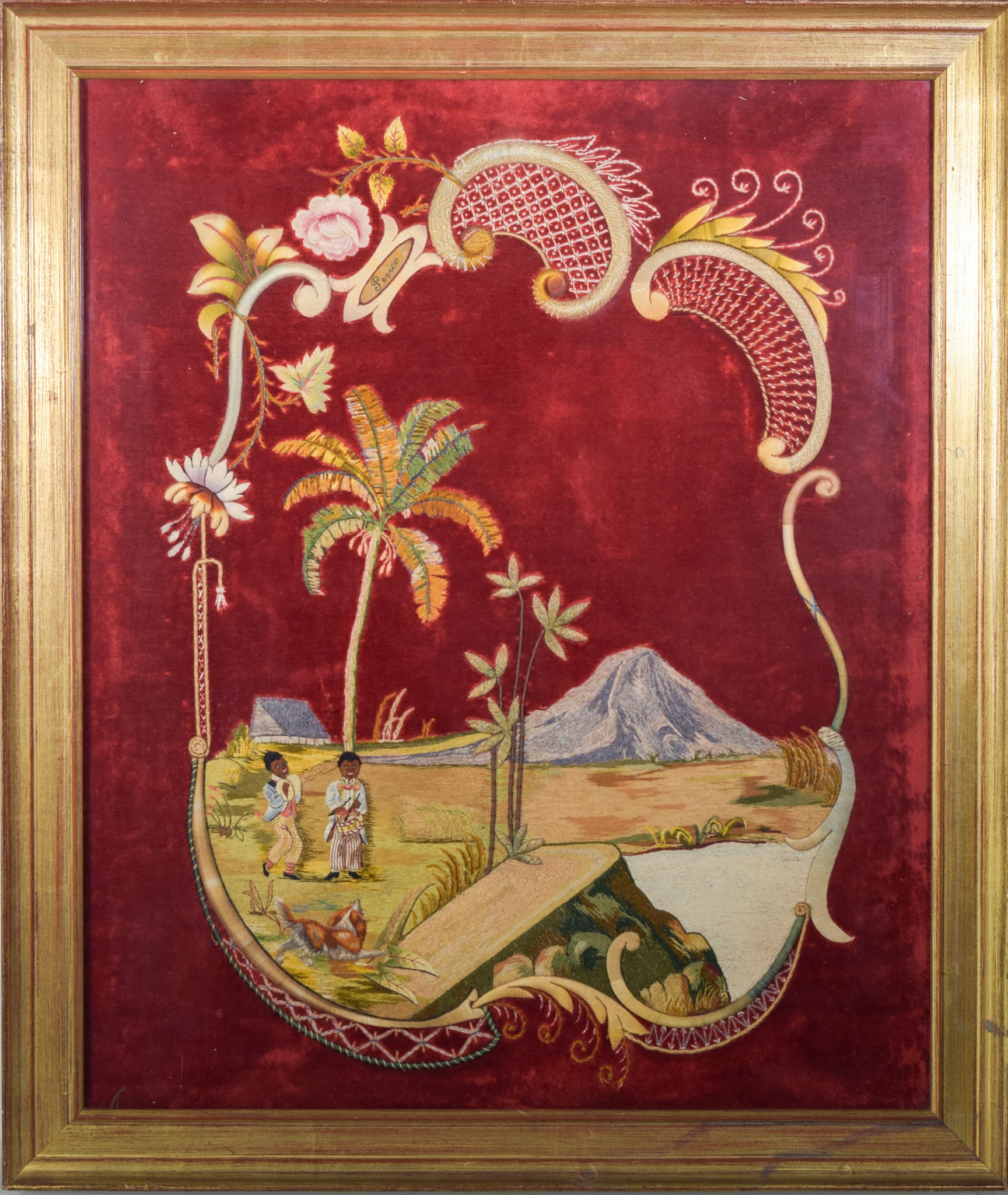 A painting of a landscape with a mountain in the background.