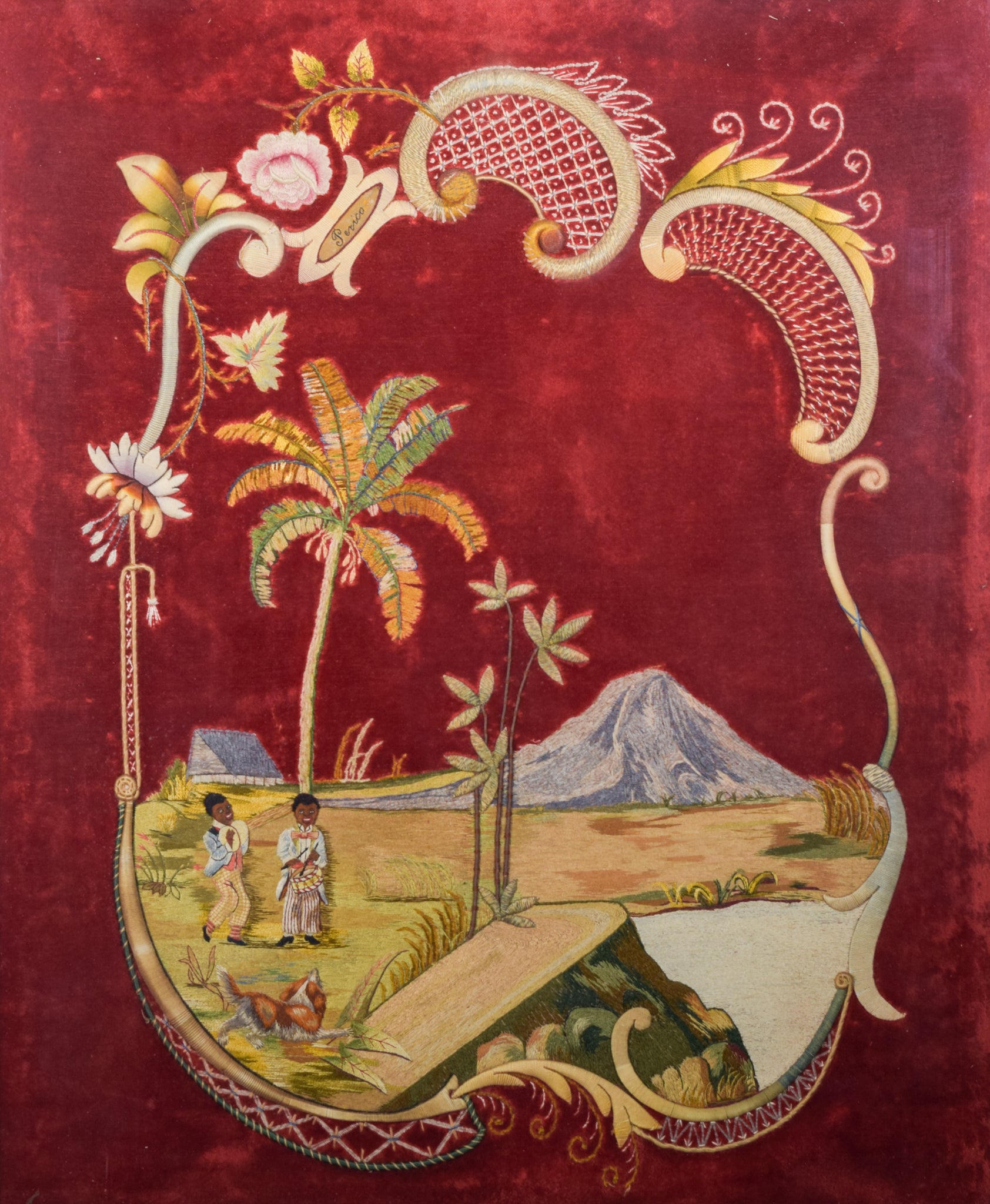 A painting of a landscape with a mountain in the background.