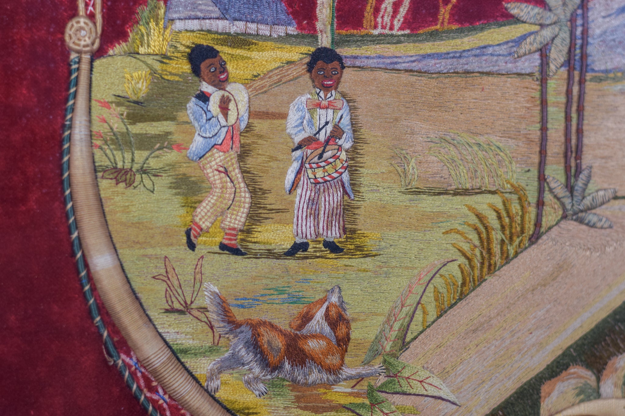 A painting of a landscape with a mountain in the background.