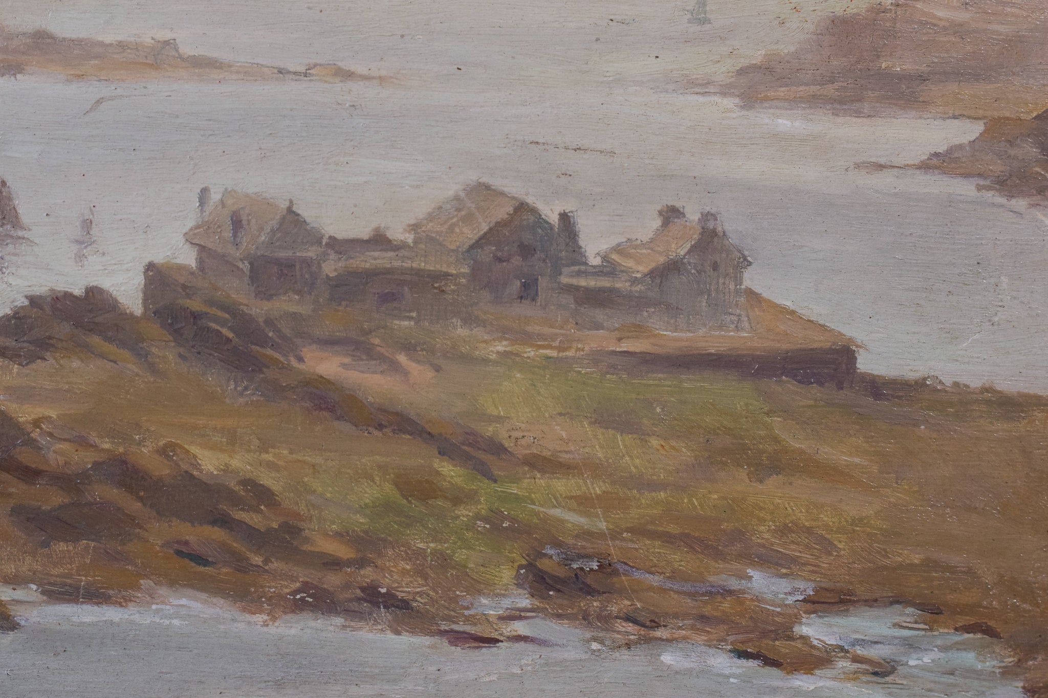 A painting of a view of a body of water with boats in the distance.