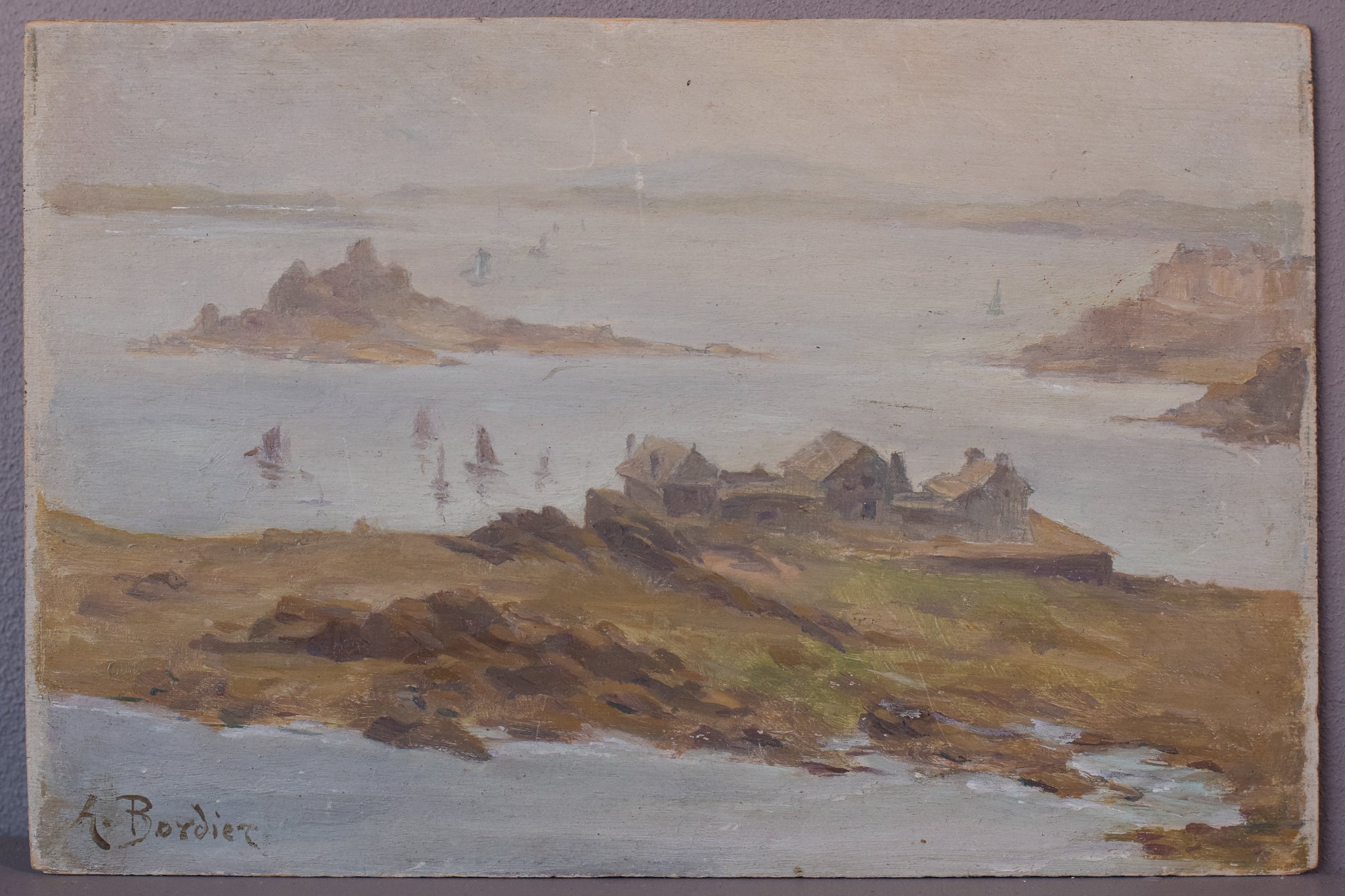 A painting of a view of a body of water with boats in the distance.
