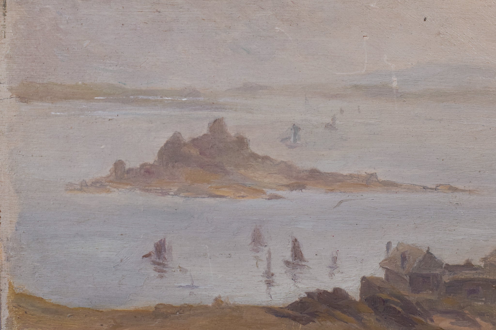 A painting of a view of a body of water with boats in the distance.
