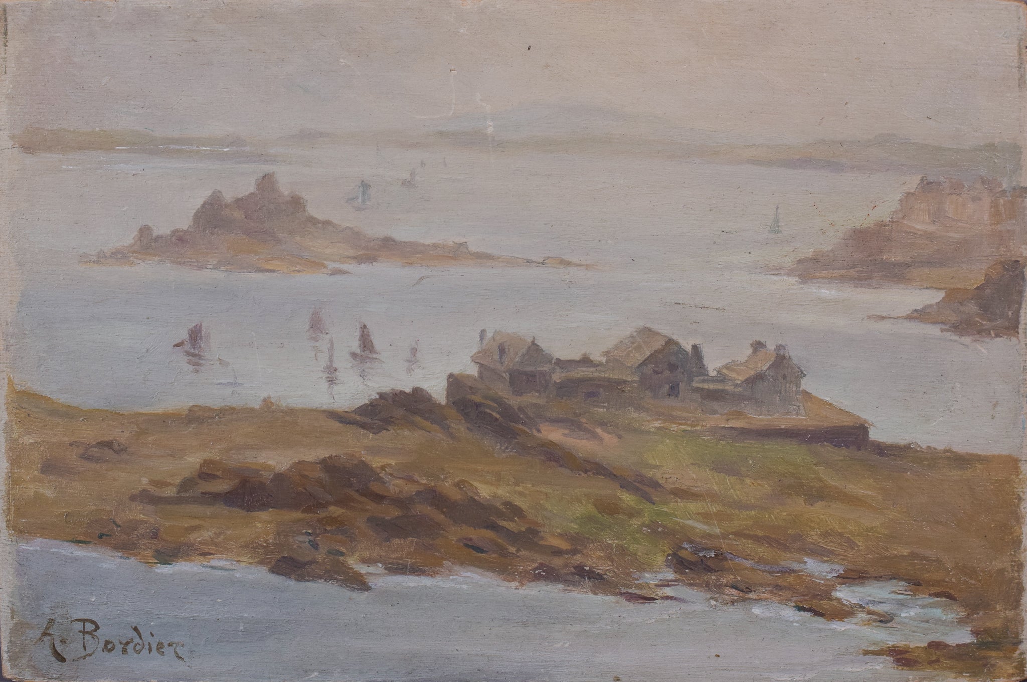 A painting of a view of a body of water with boats in the distance.
