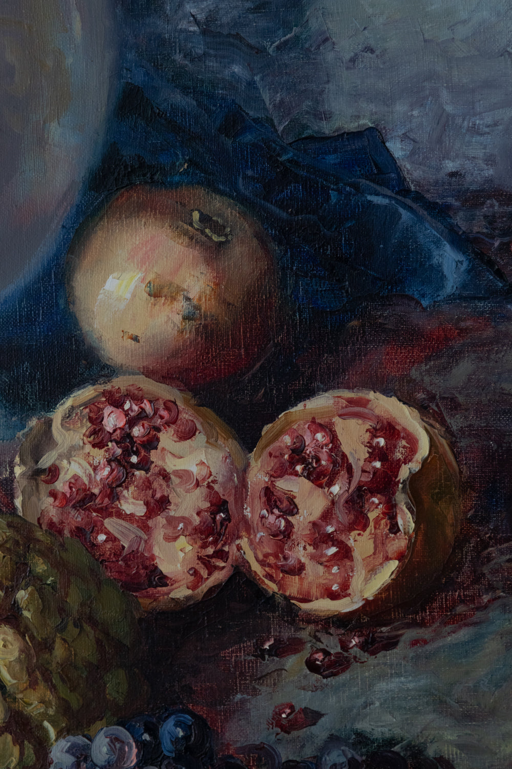 A painting of fruit and a vase on a table.