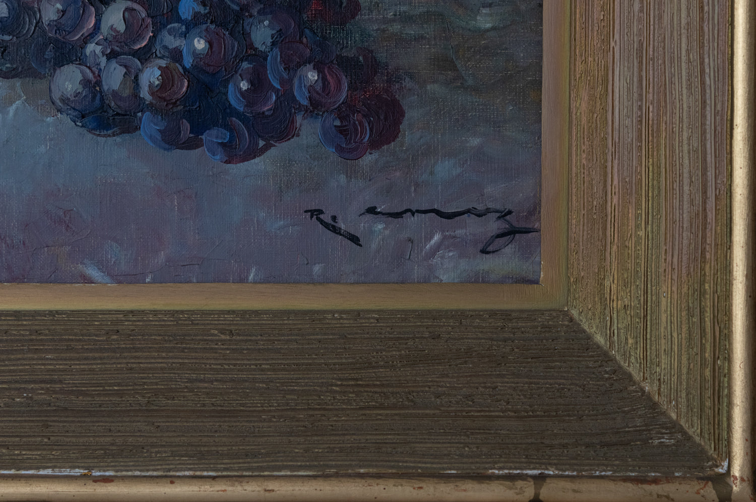 A painting of fruit and a vase on a table.