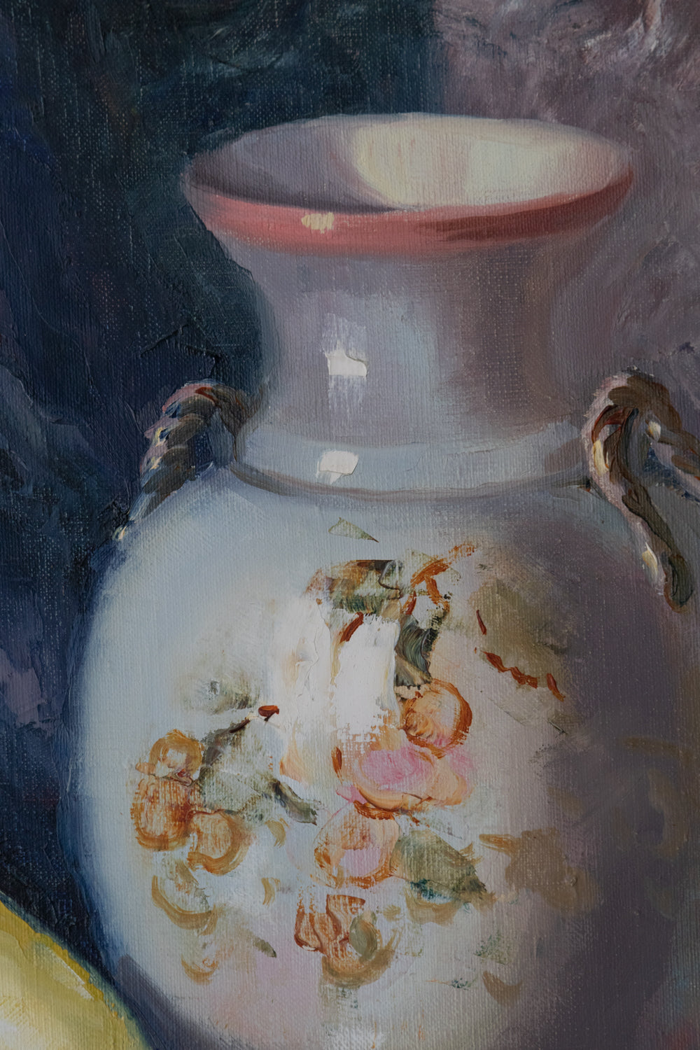 A painting of fruit and a vase on a table.