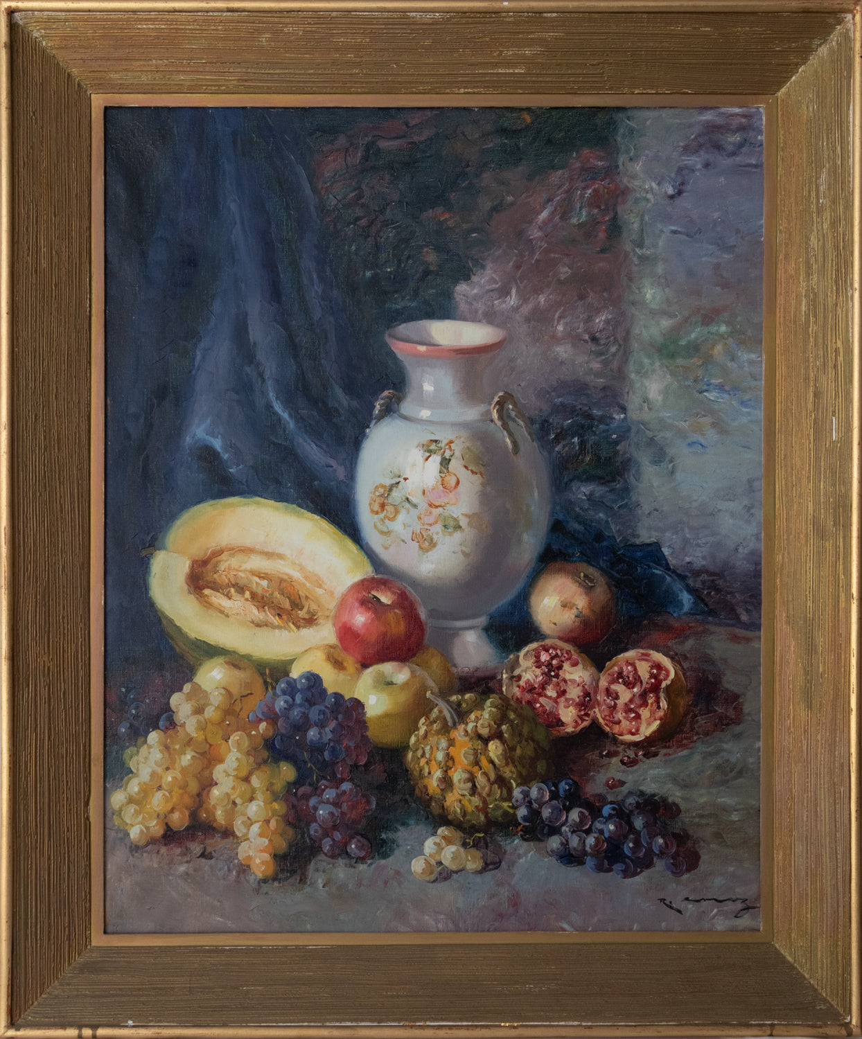 A painting of fruit and a vase on a table.