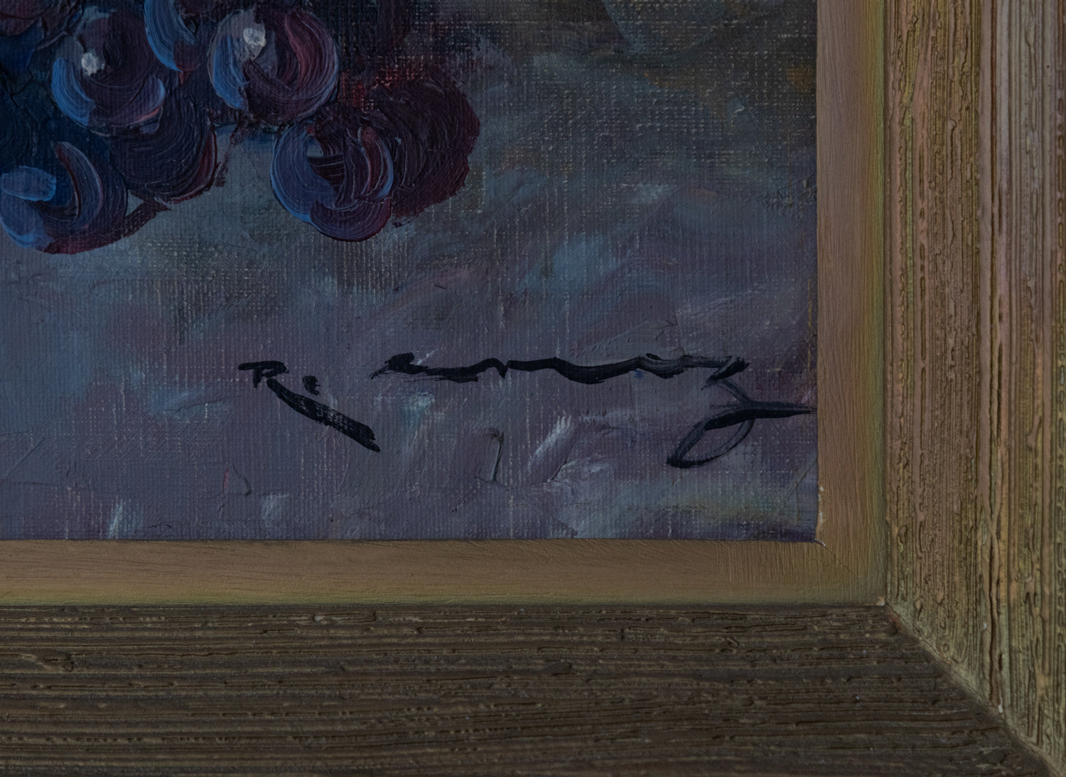 A painting of fruit and a vase on a table.