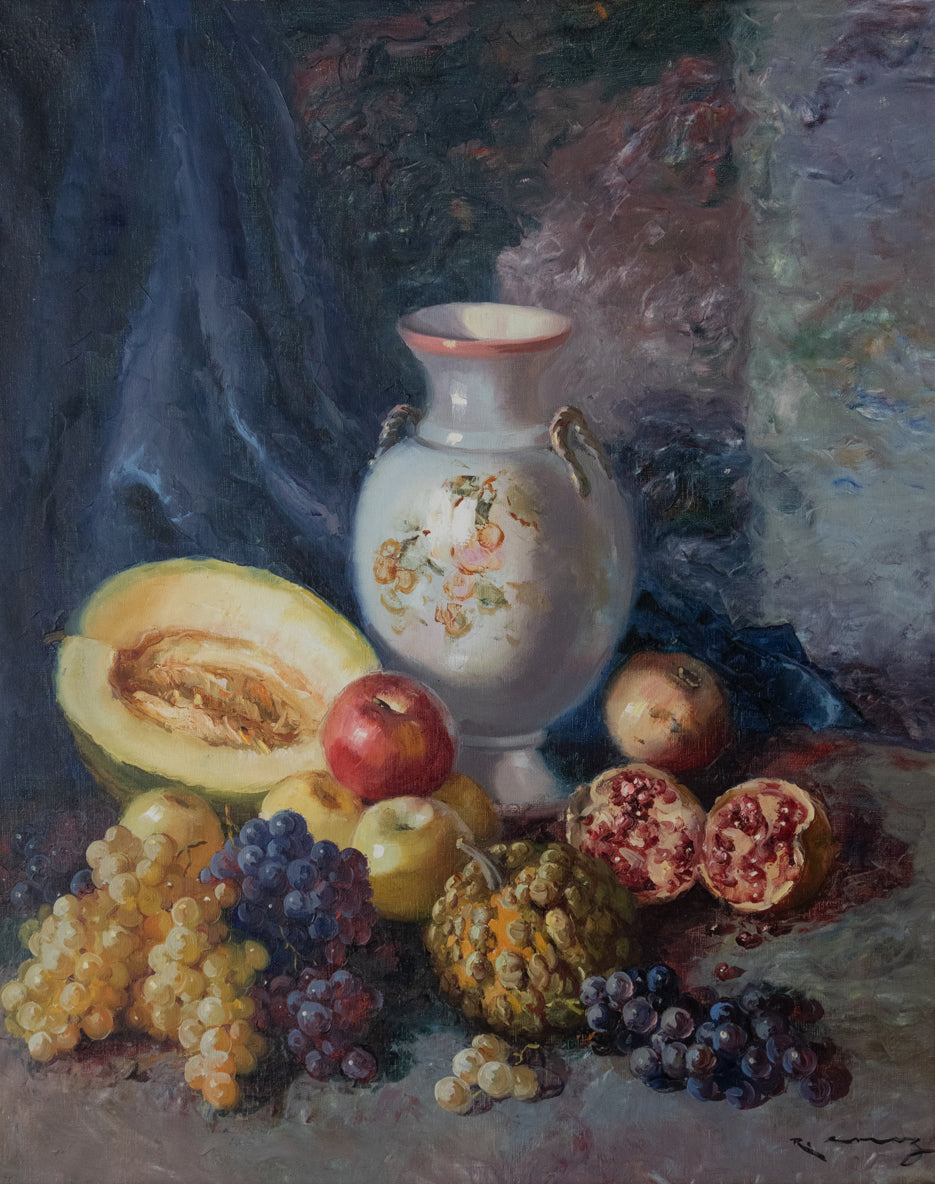 A painting of fruit and a vase on a table.