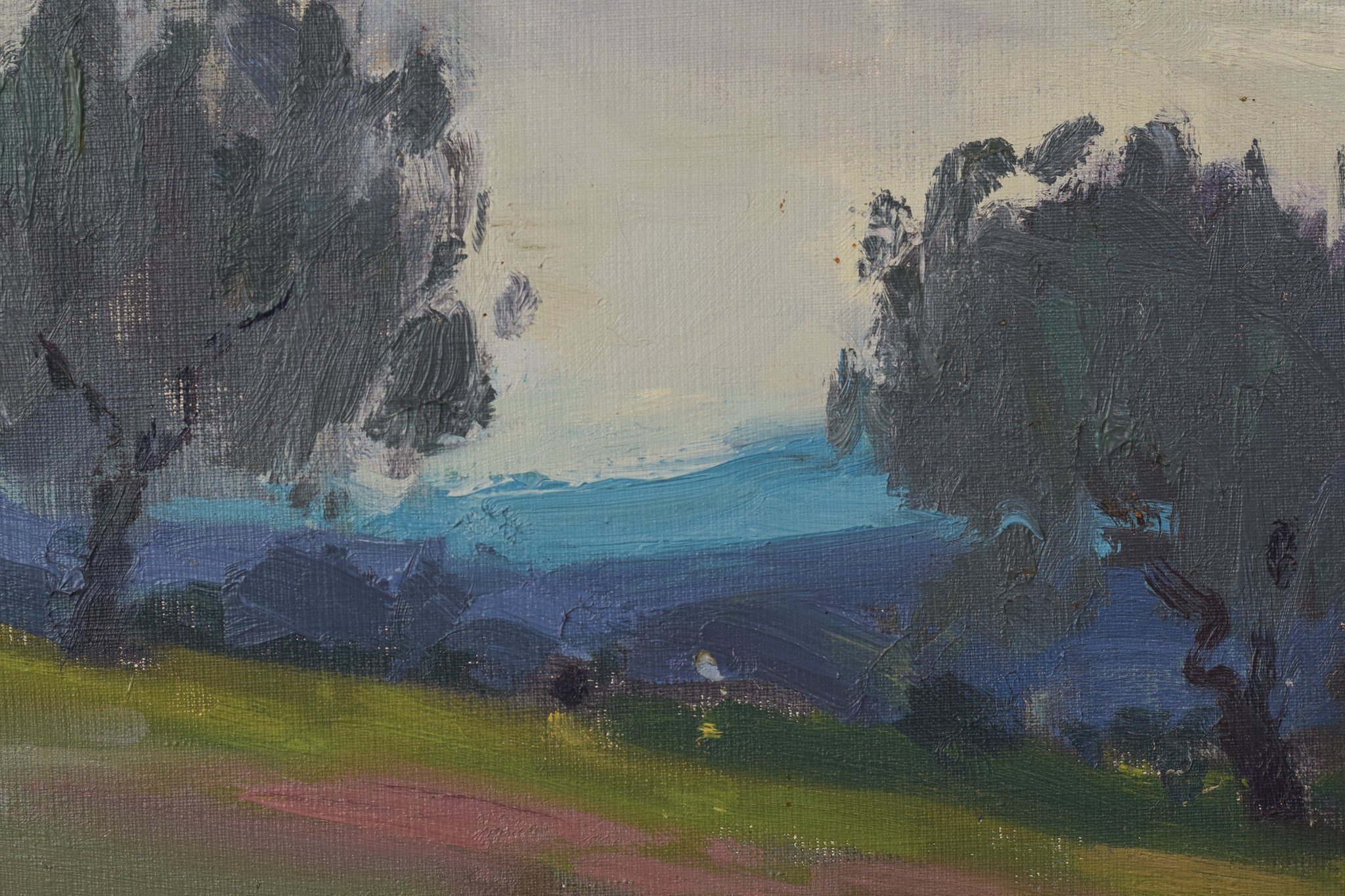 A painting of a landscape with trees in the distance.