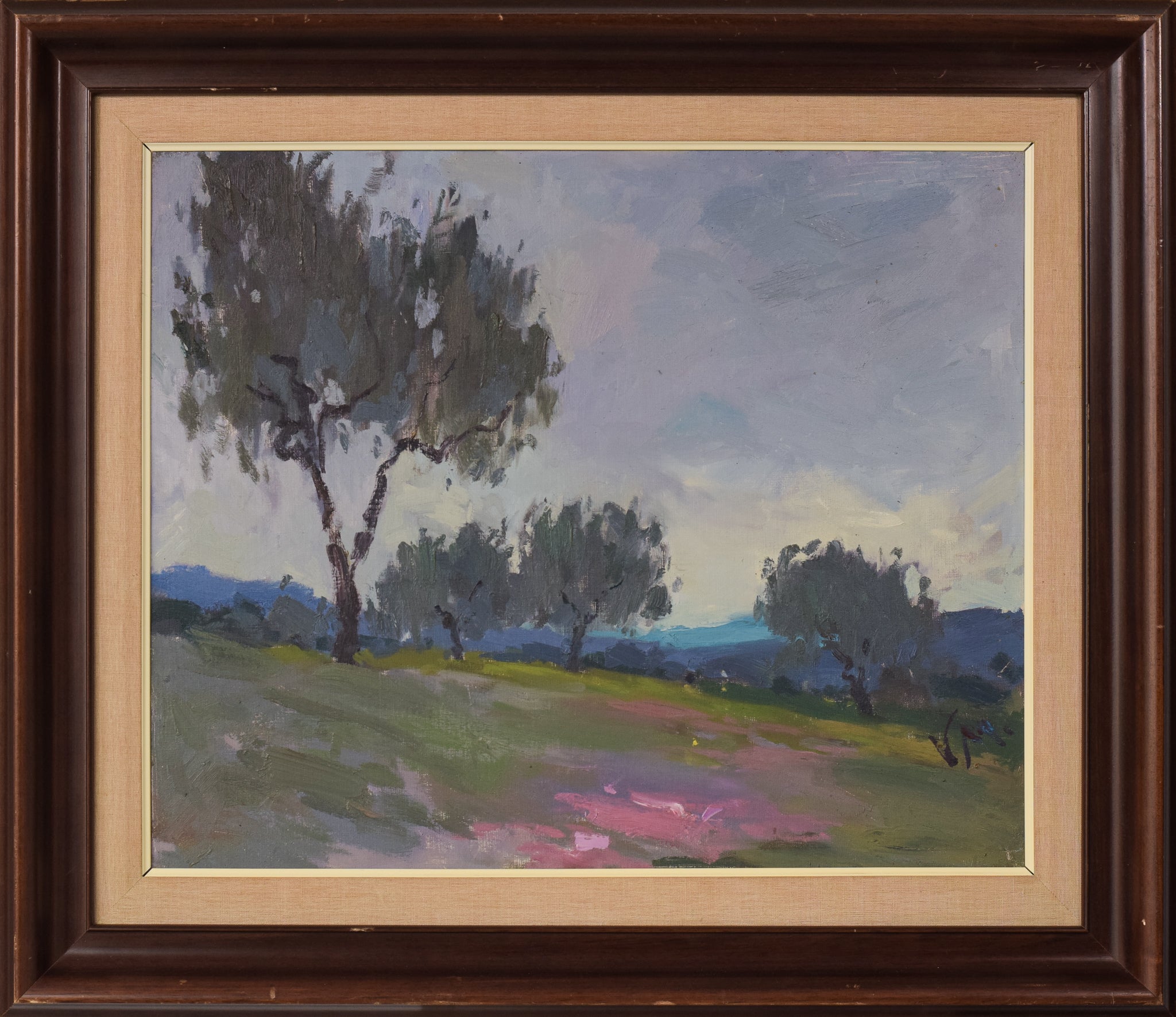 A painting of a landscape with trees in the distance.