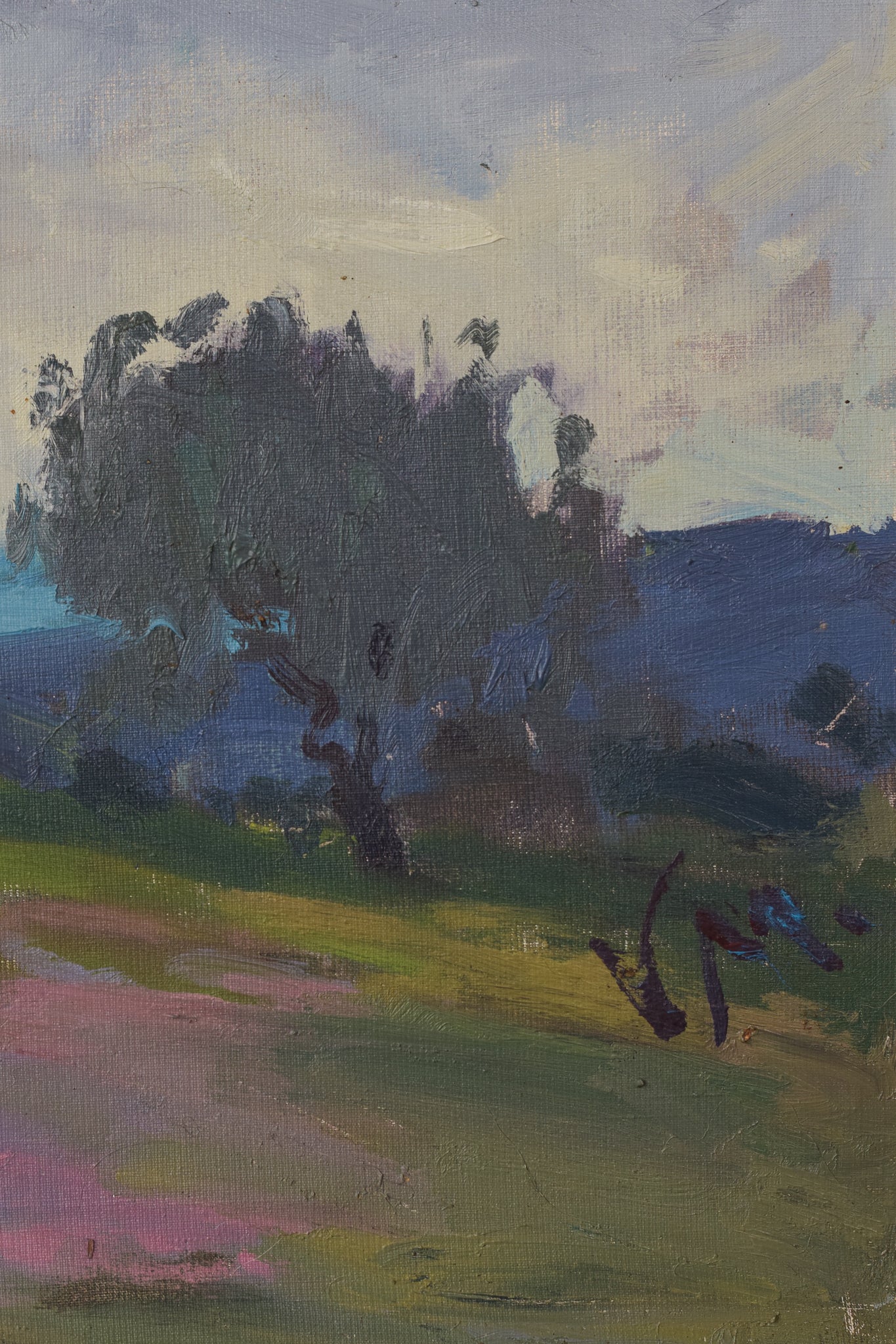 A painting of a landscape with trees in the distance.