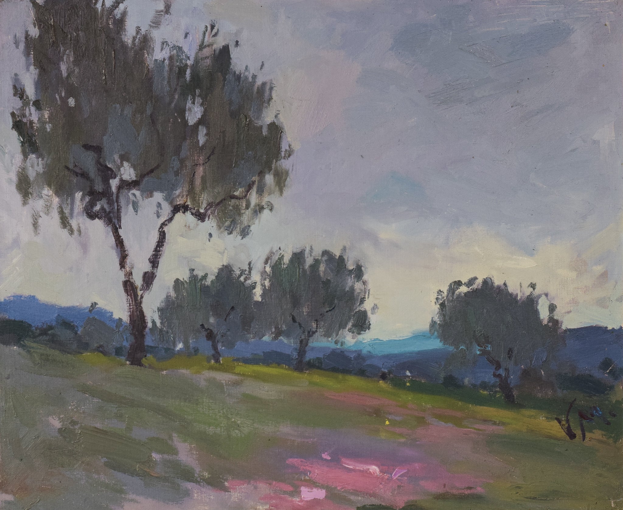 A painting of a landscape with trees in the distance.