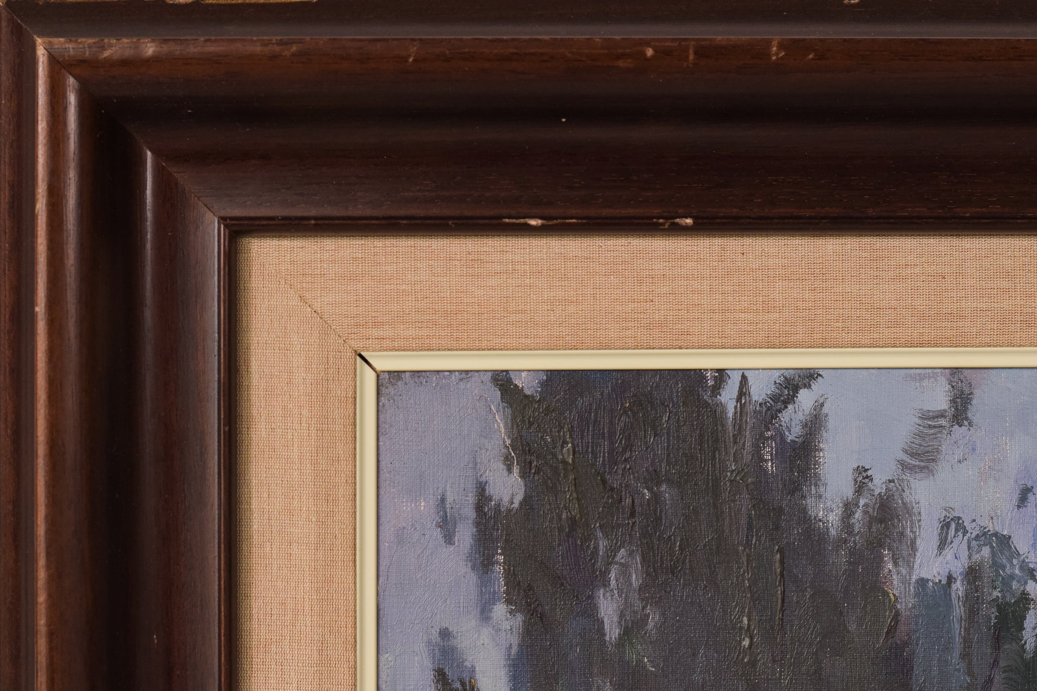 A painting of a landscape with trees in the distance.