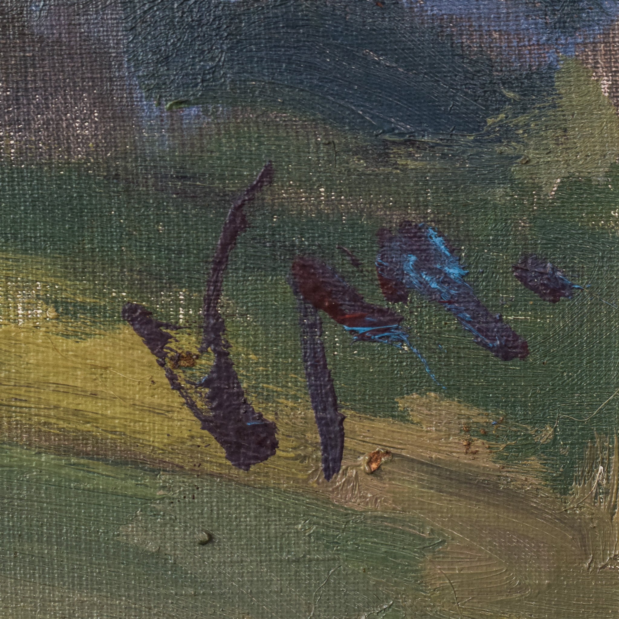 A painting of a landscape with trees in the distance.