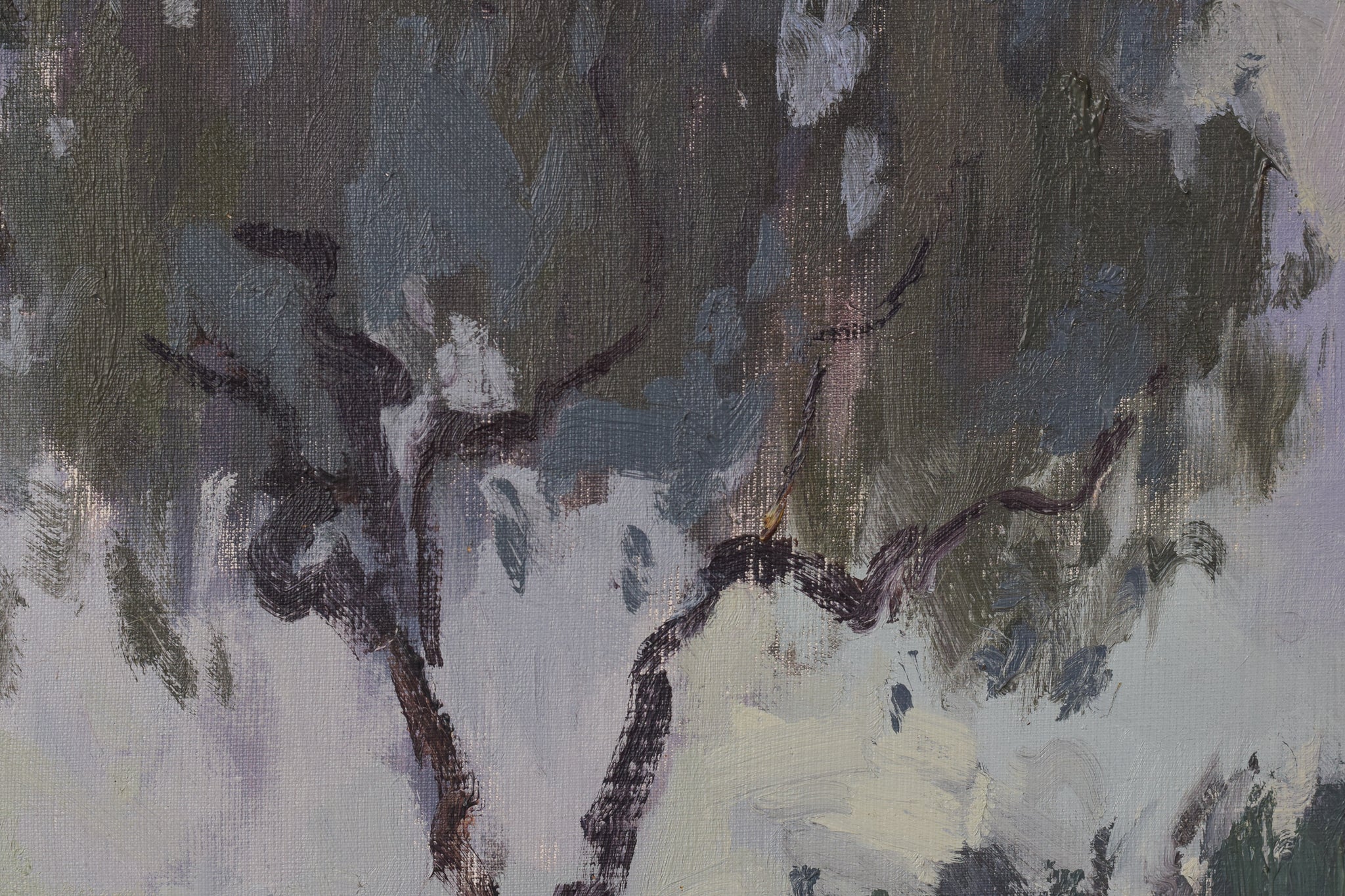 A painting of a landscape with trees in the distance.