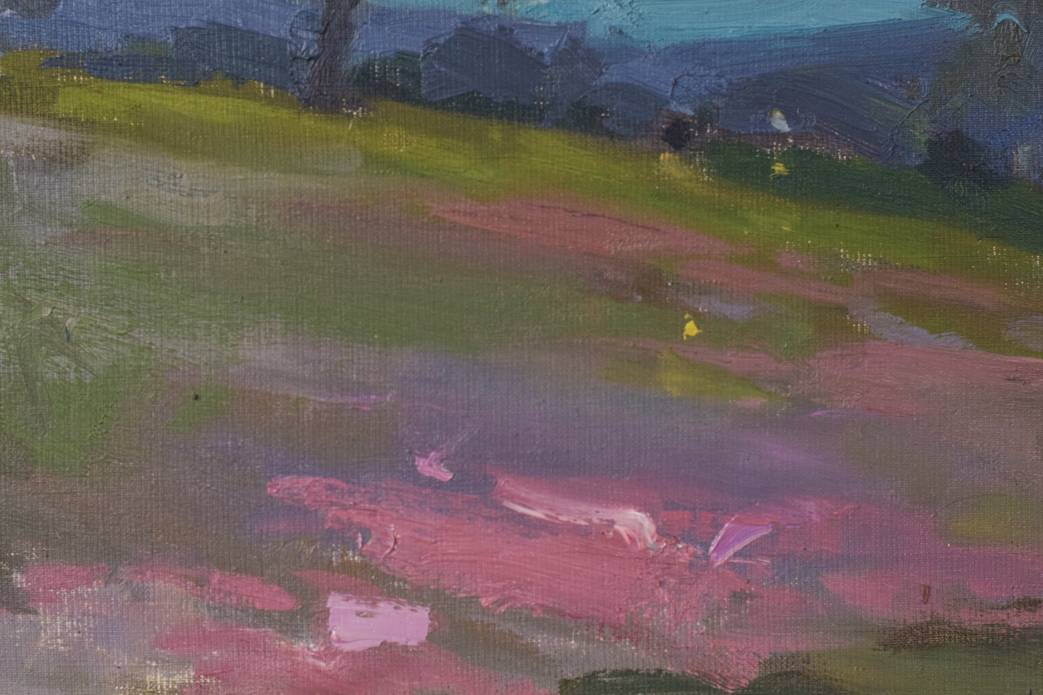 A painting of a landscape with trees in the distance.