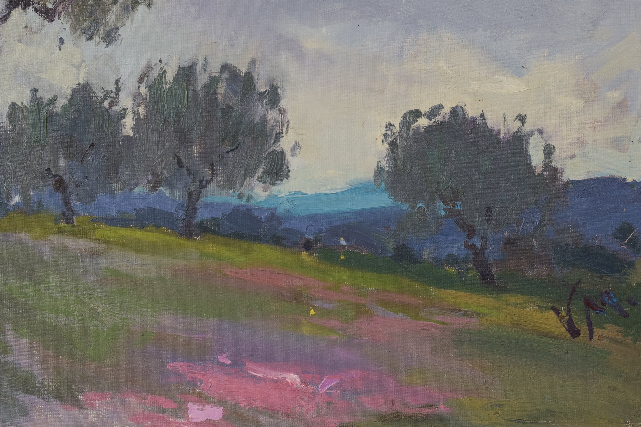 A painting of a landscape with trees in the distance.