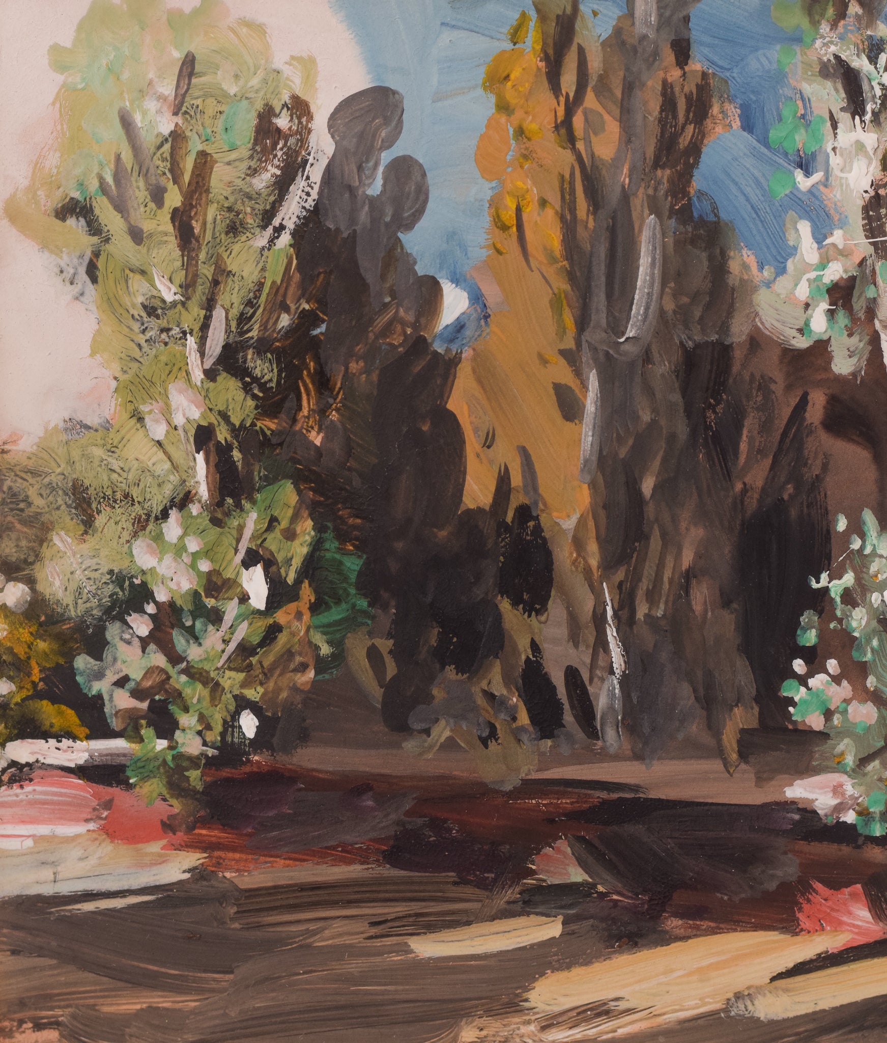 A painting of trees in a wooded area with a bench.
