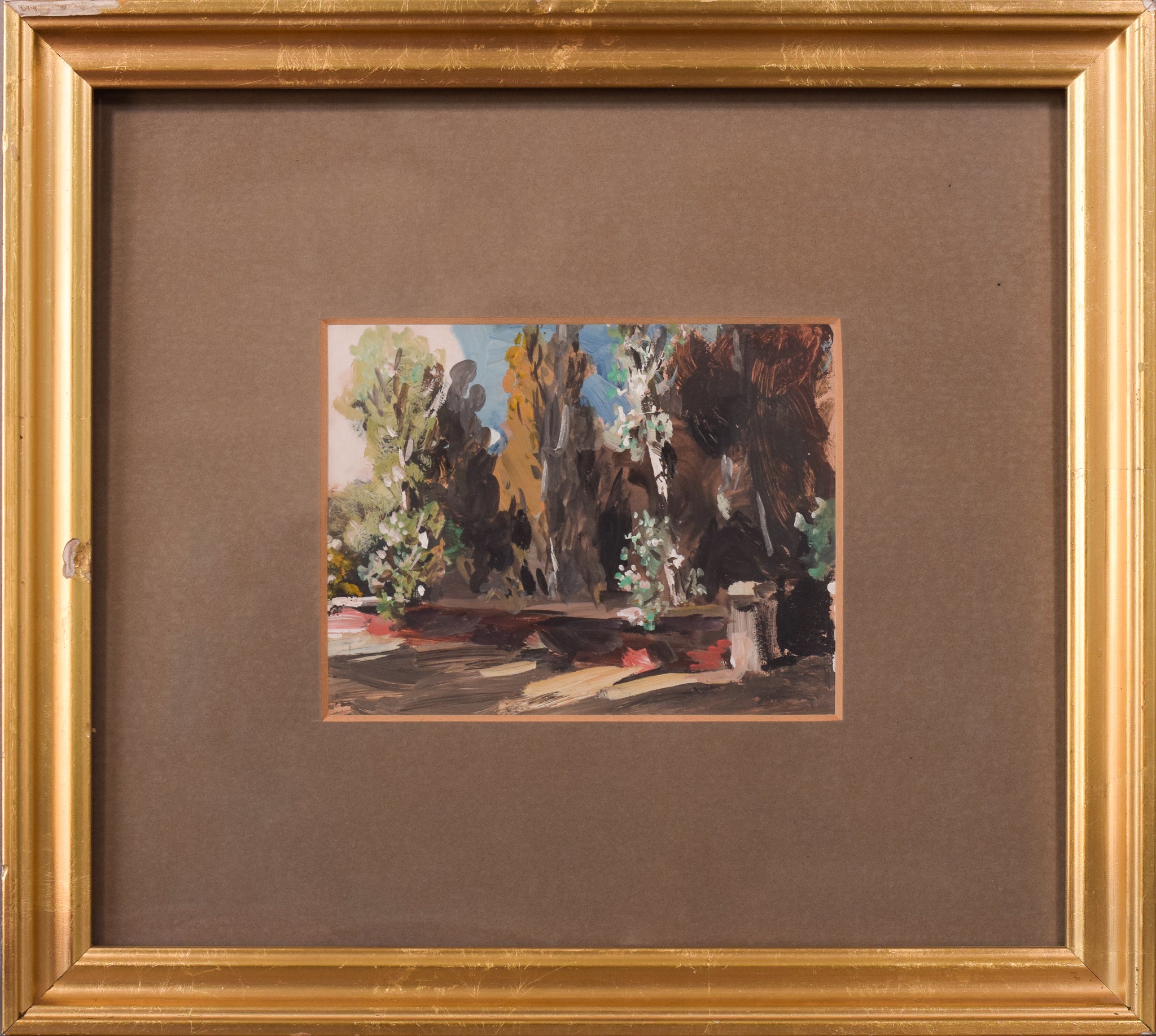 A painting of trees in a wooded area with a bench.