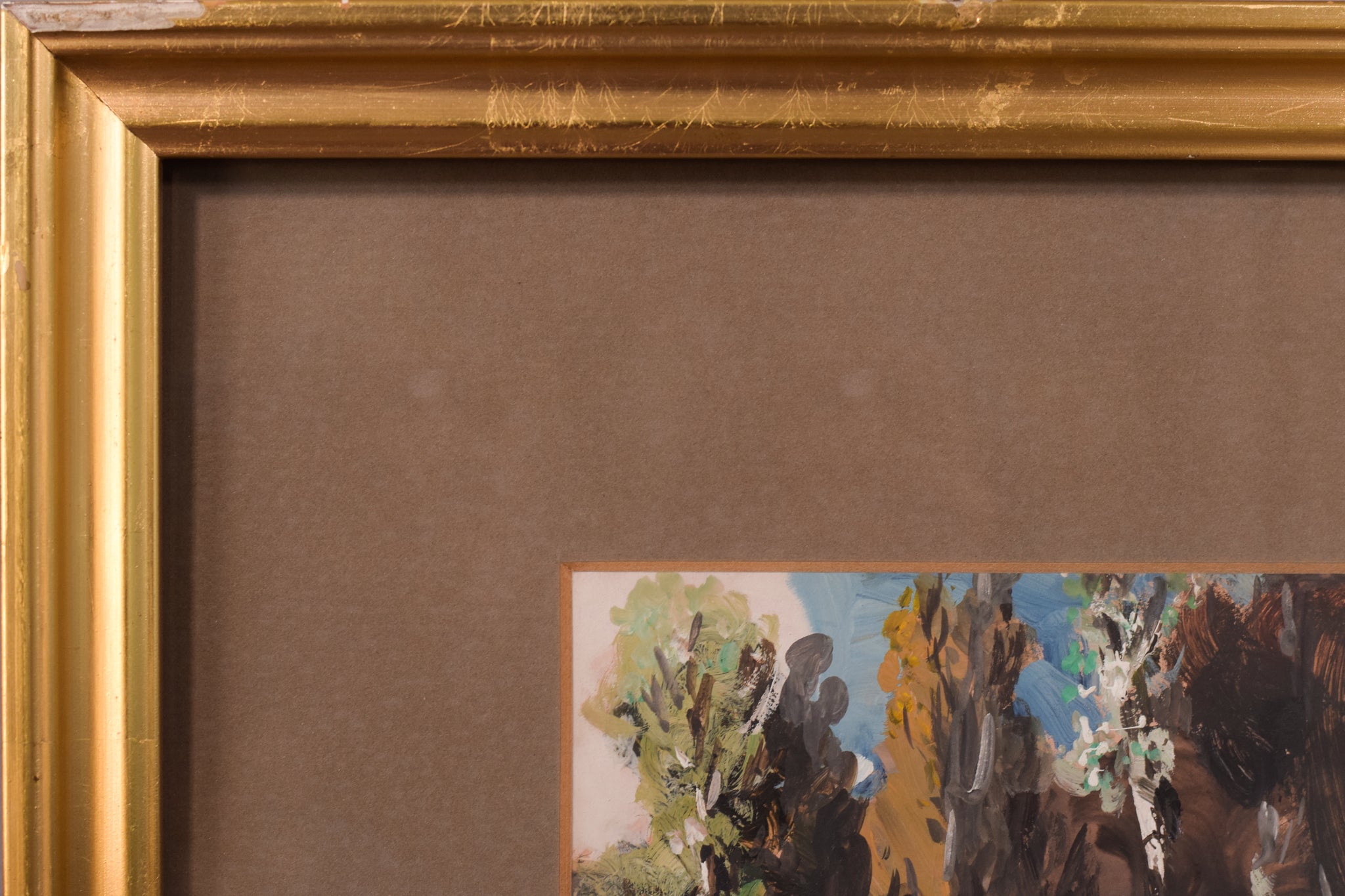 A painting of trees in a wooded area with a bench.