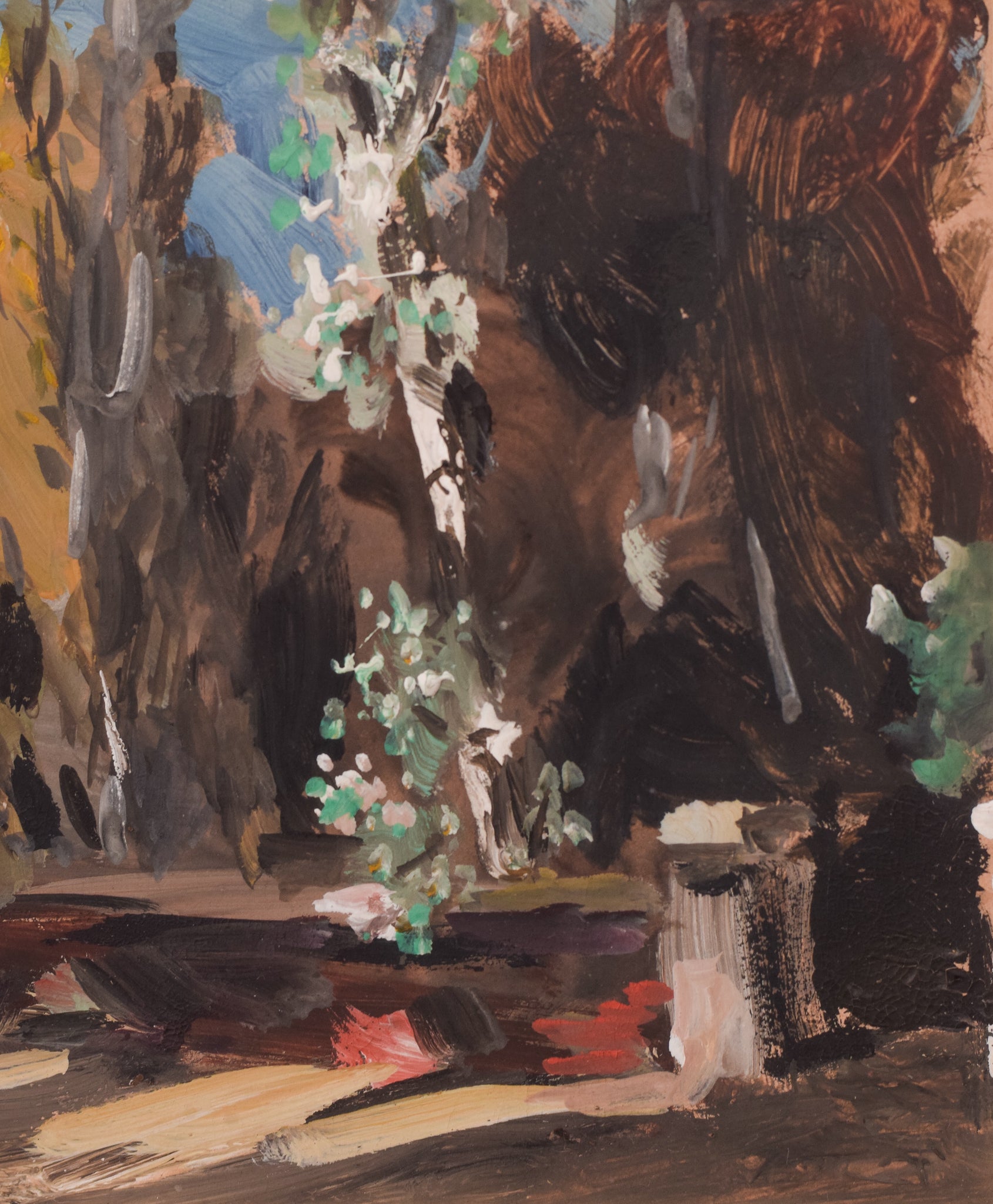 A painting of trees in a wooded area with a bench.