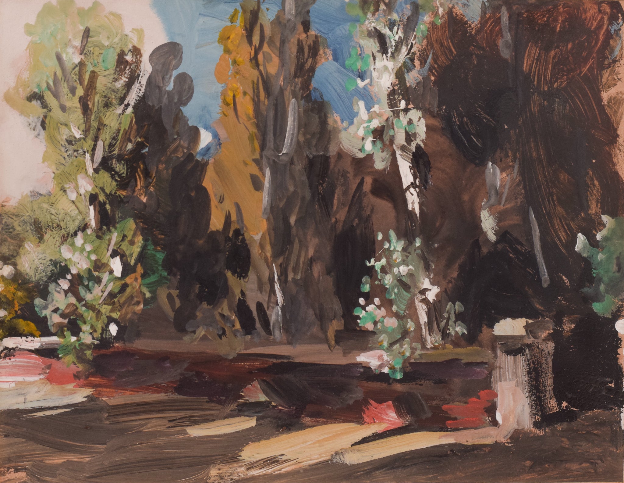 A painting of trees in a wooded area with a bench.