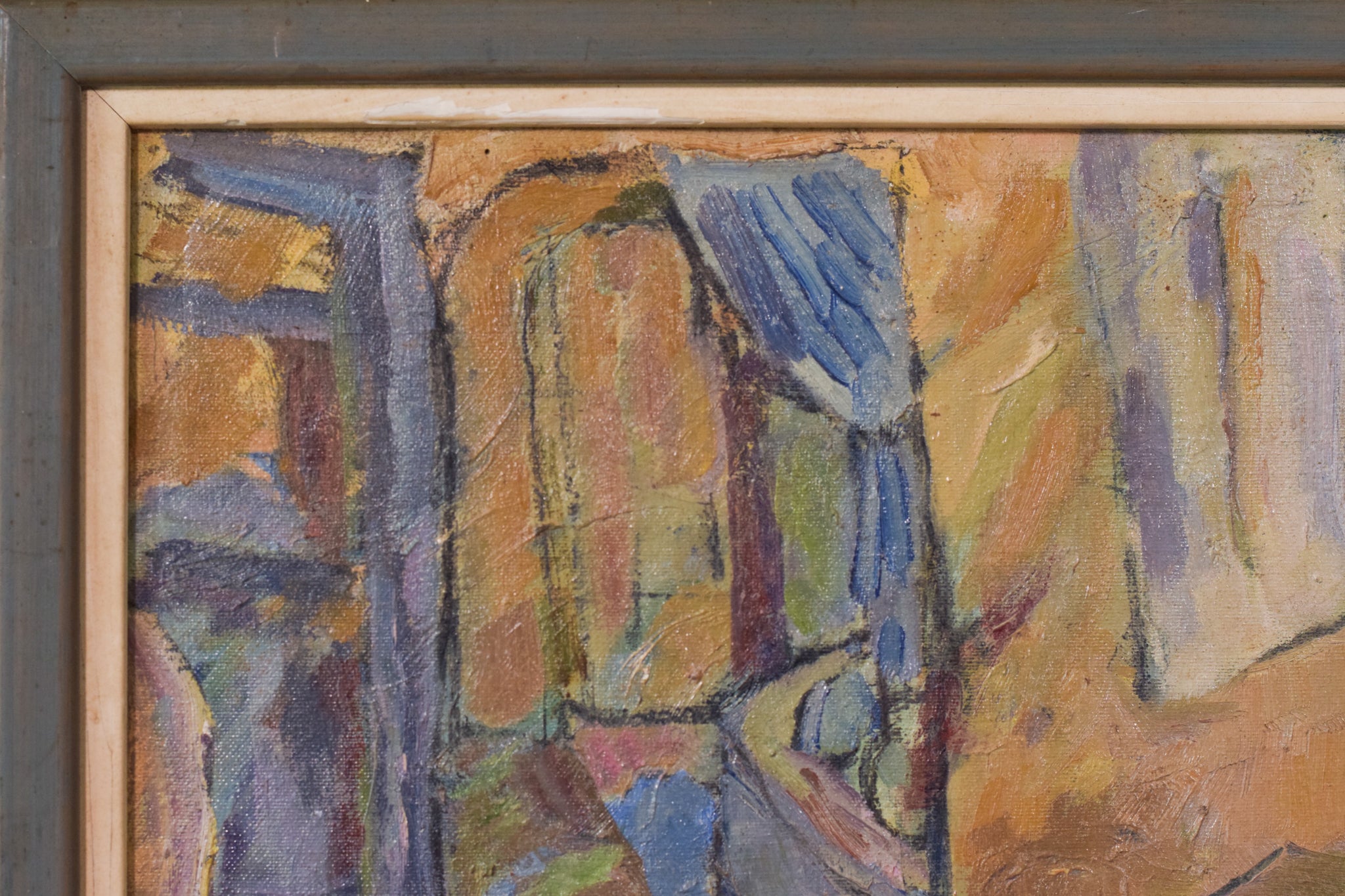 A painting of a table with a bowl of fruit on it.