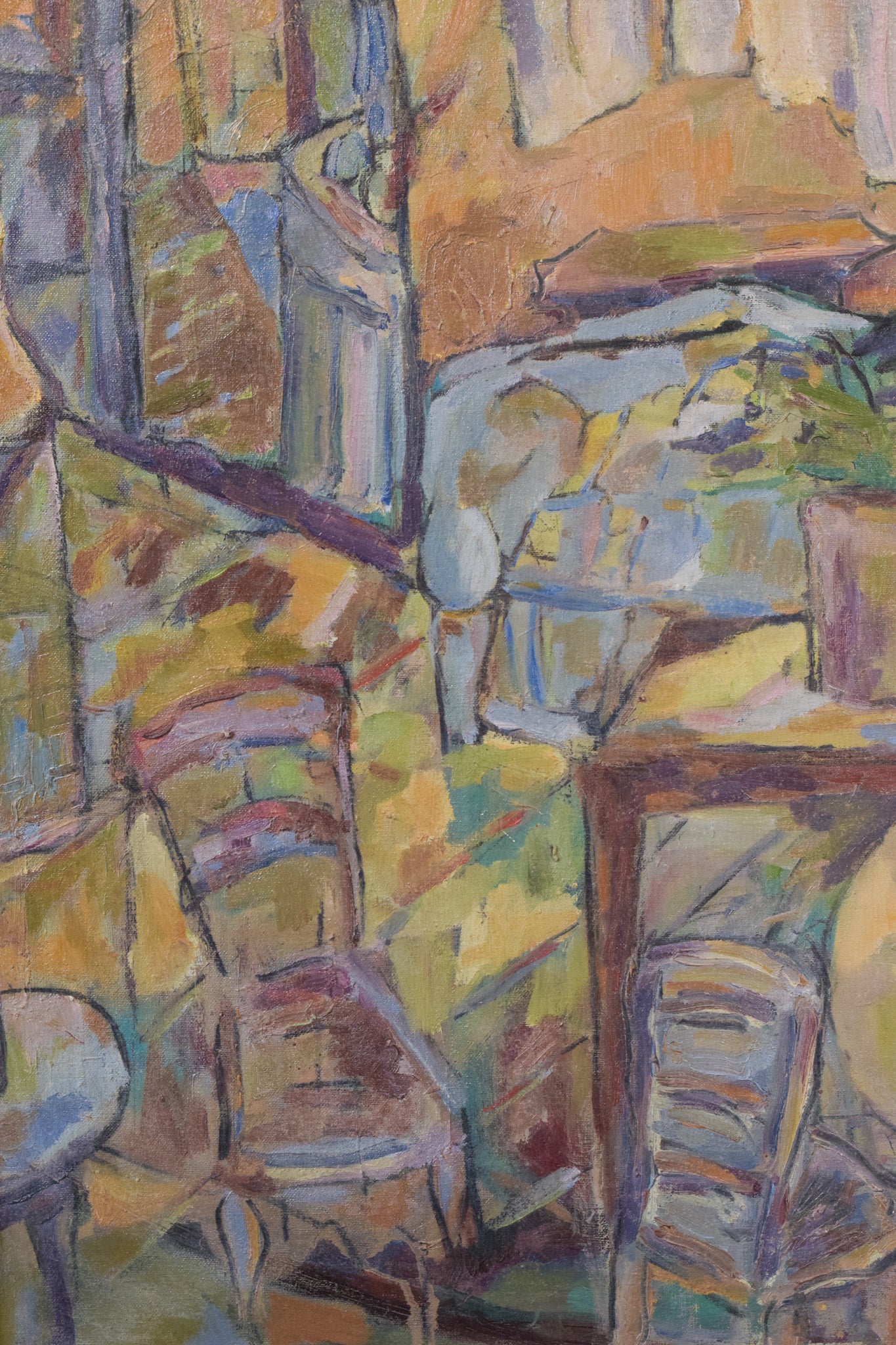 A painting of a table with a bowl of fruit on it.