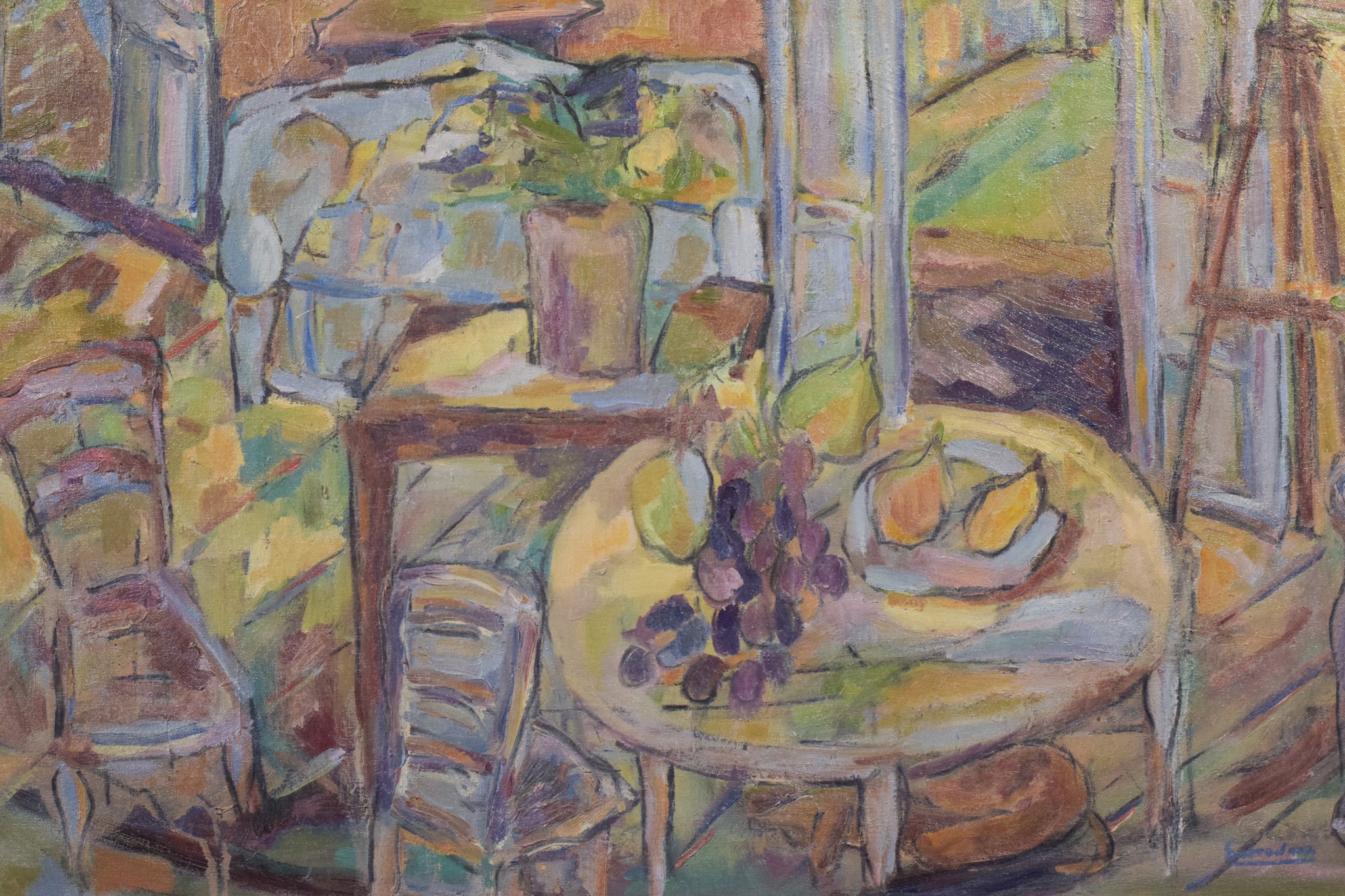 A painting of a table with a bowl of fruit on it.