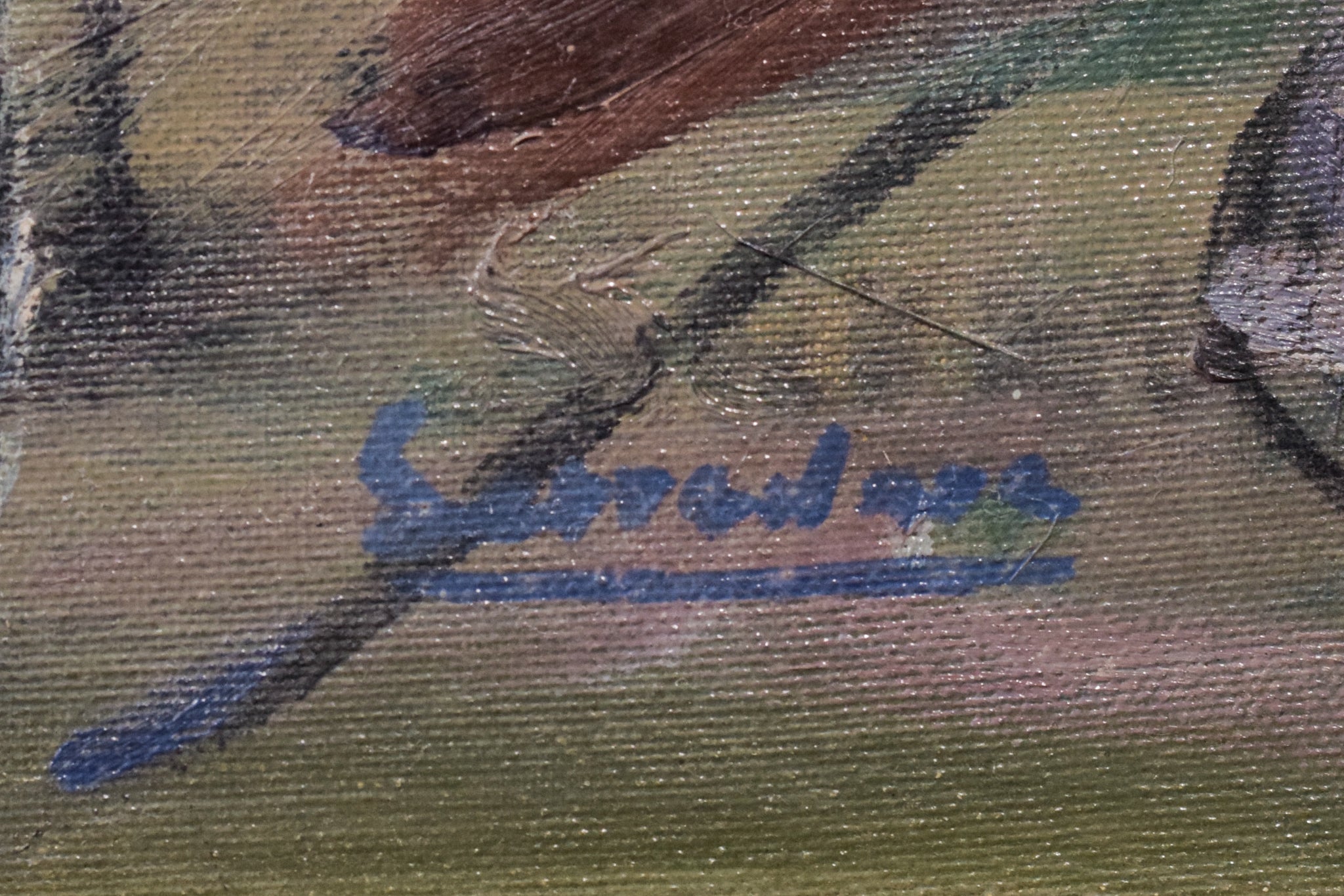 A painting of a table with a bowl of fruit on it.