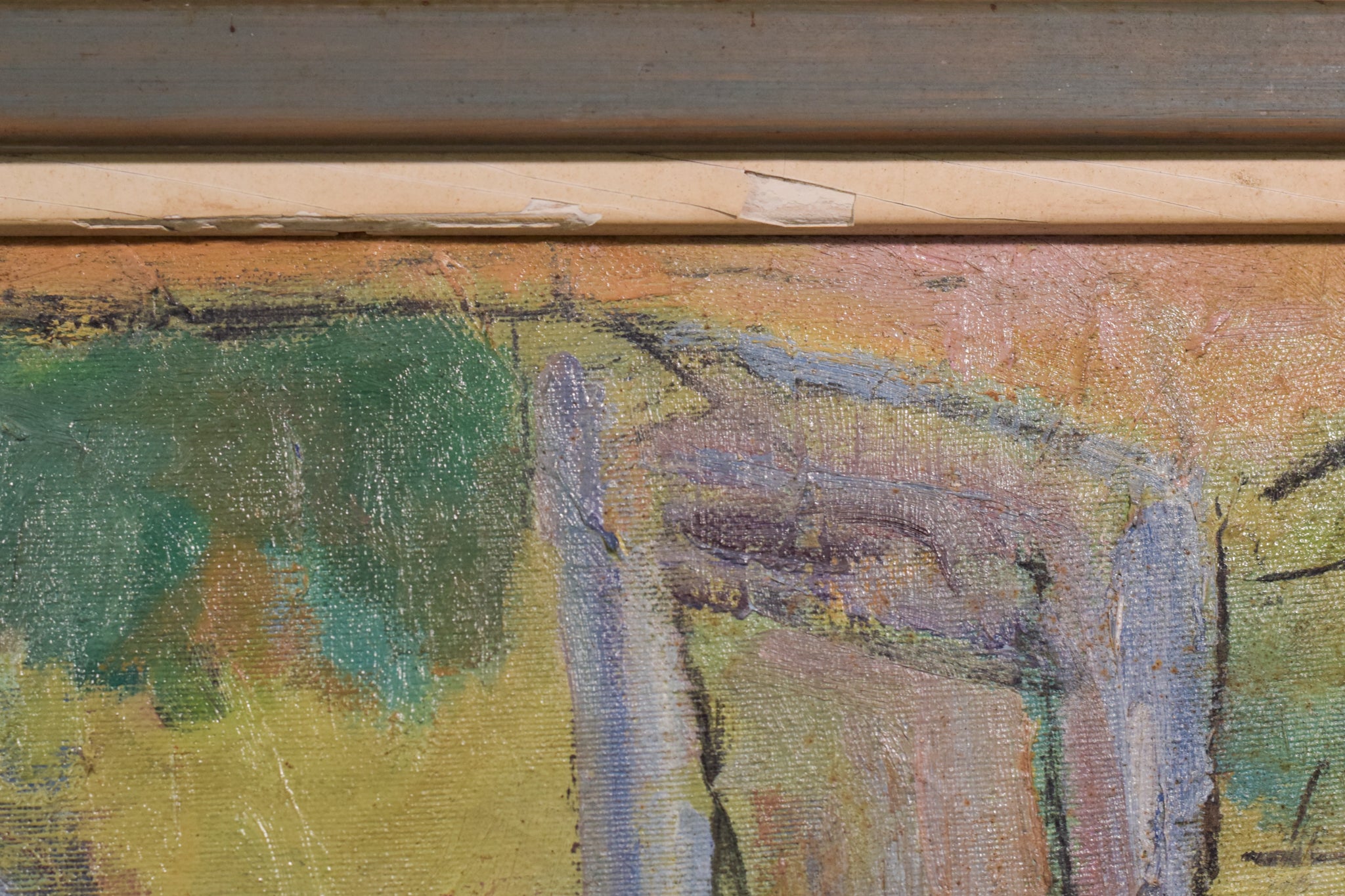 A painting of a table with a bowl of fruit on it.