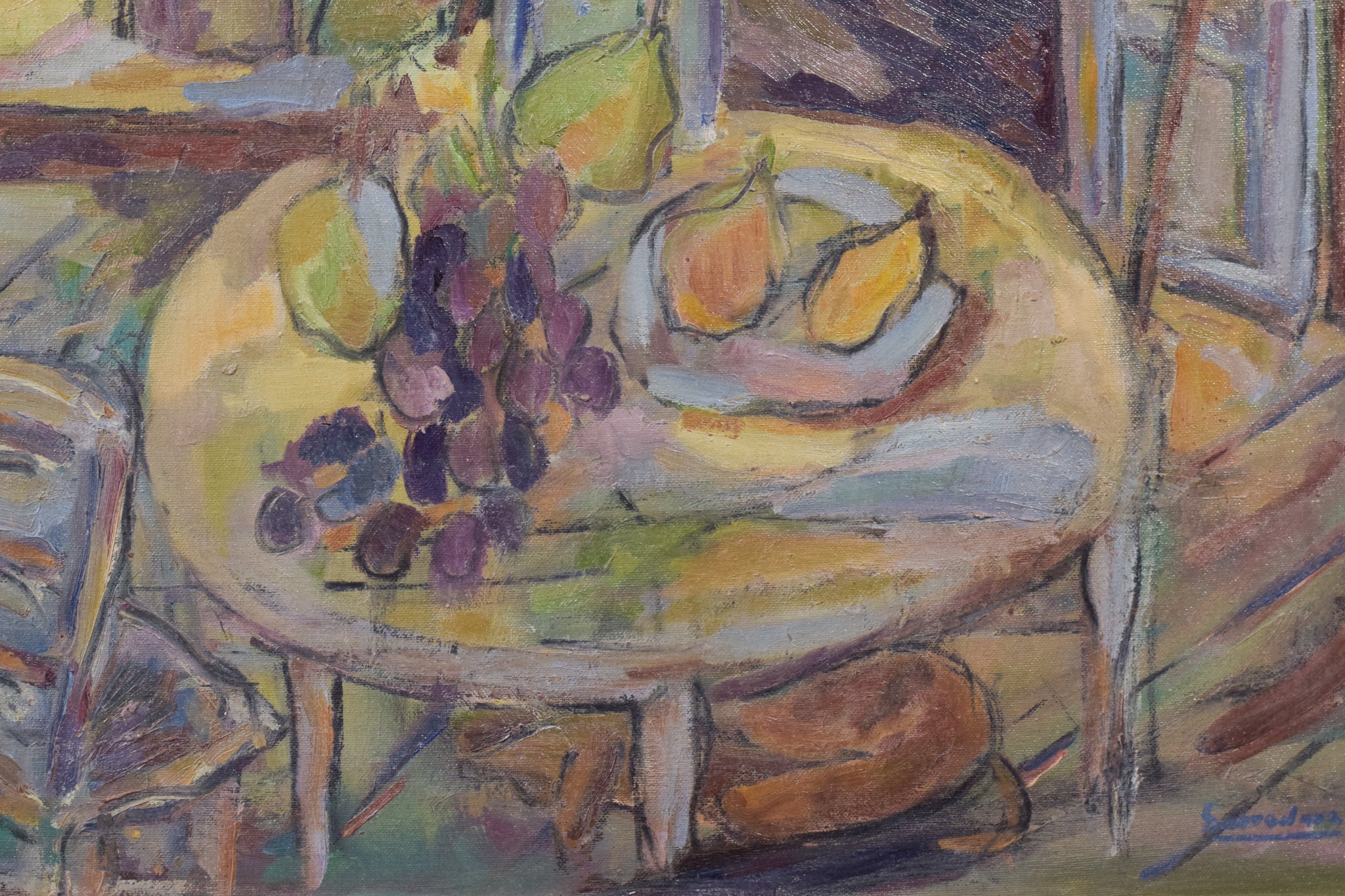 A painting of a table with a bowl of fruit on it.