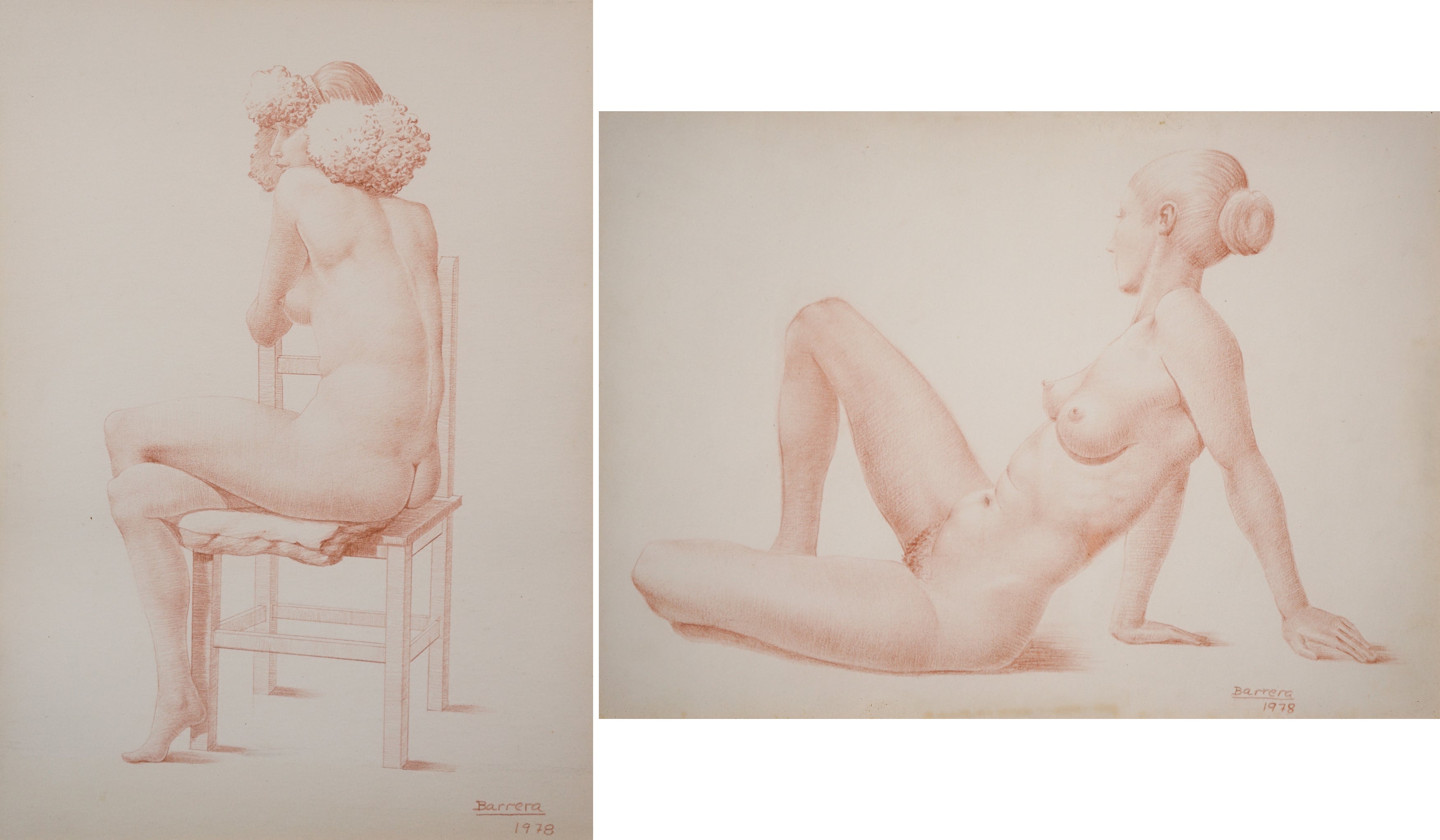A drawing of a nude woman sitting on a chair.