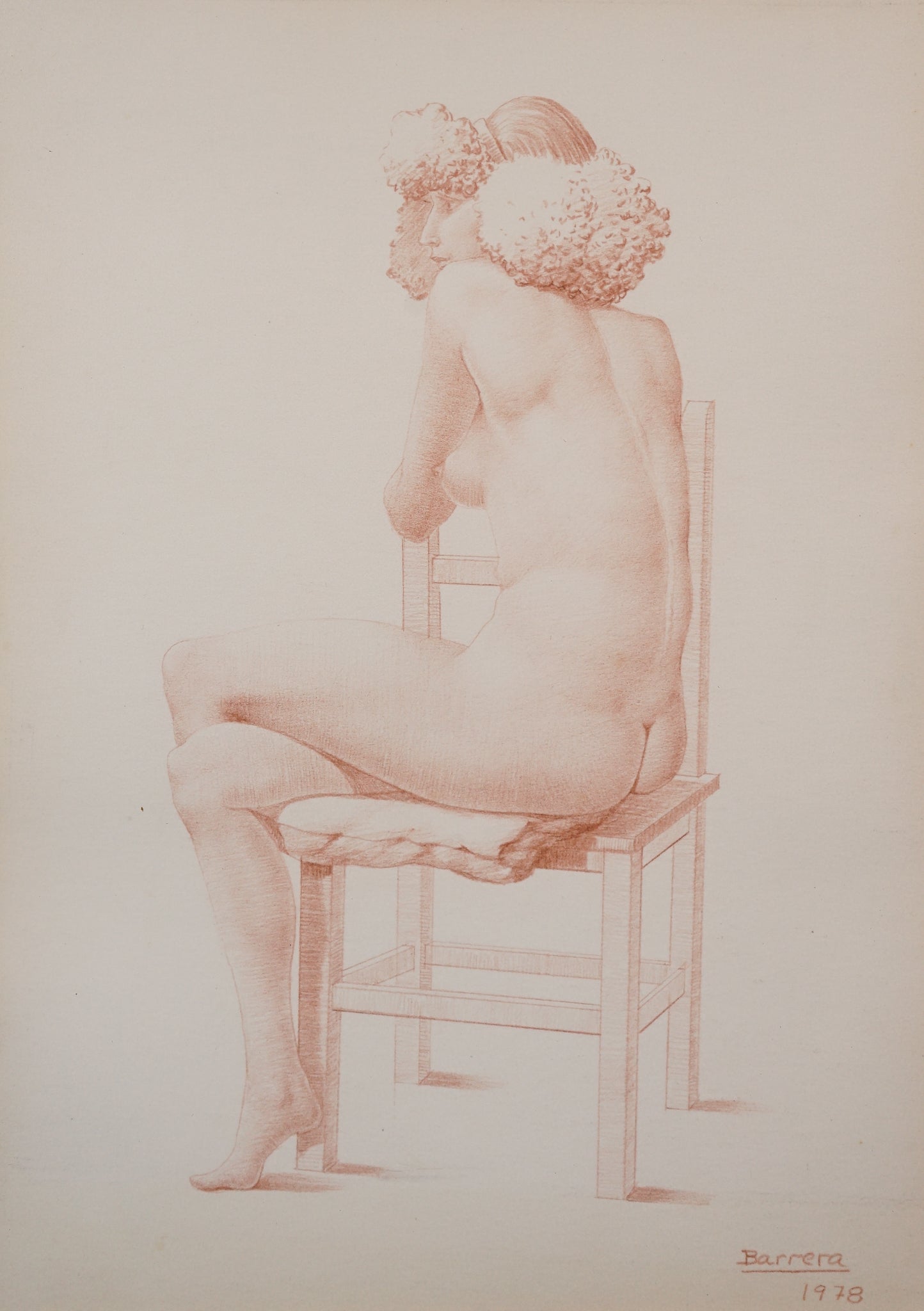 A drawing of a nude woman sitting on a chair.