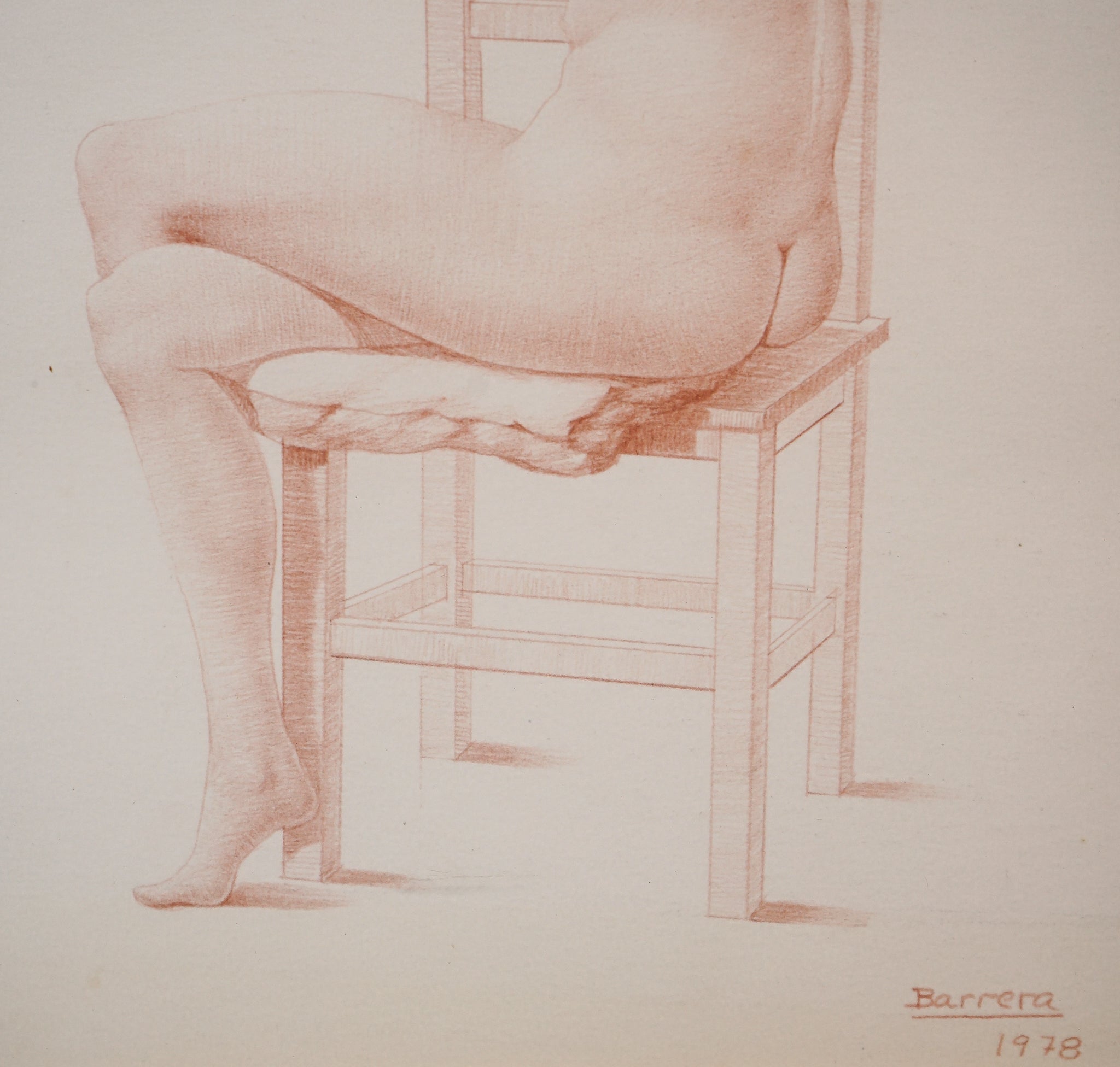 A drawing of a nude woman sitting on a chair.