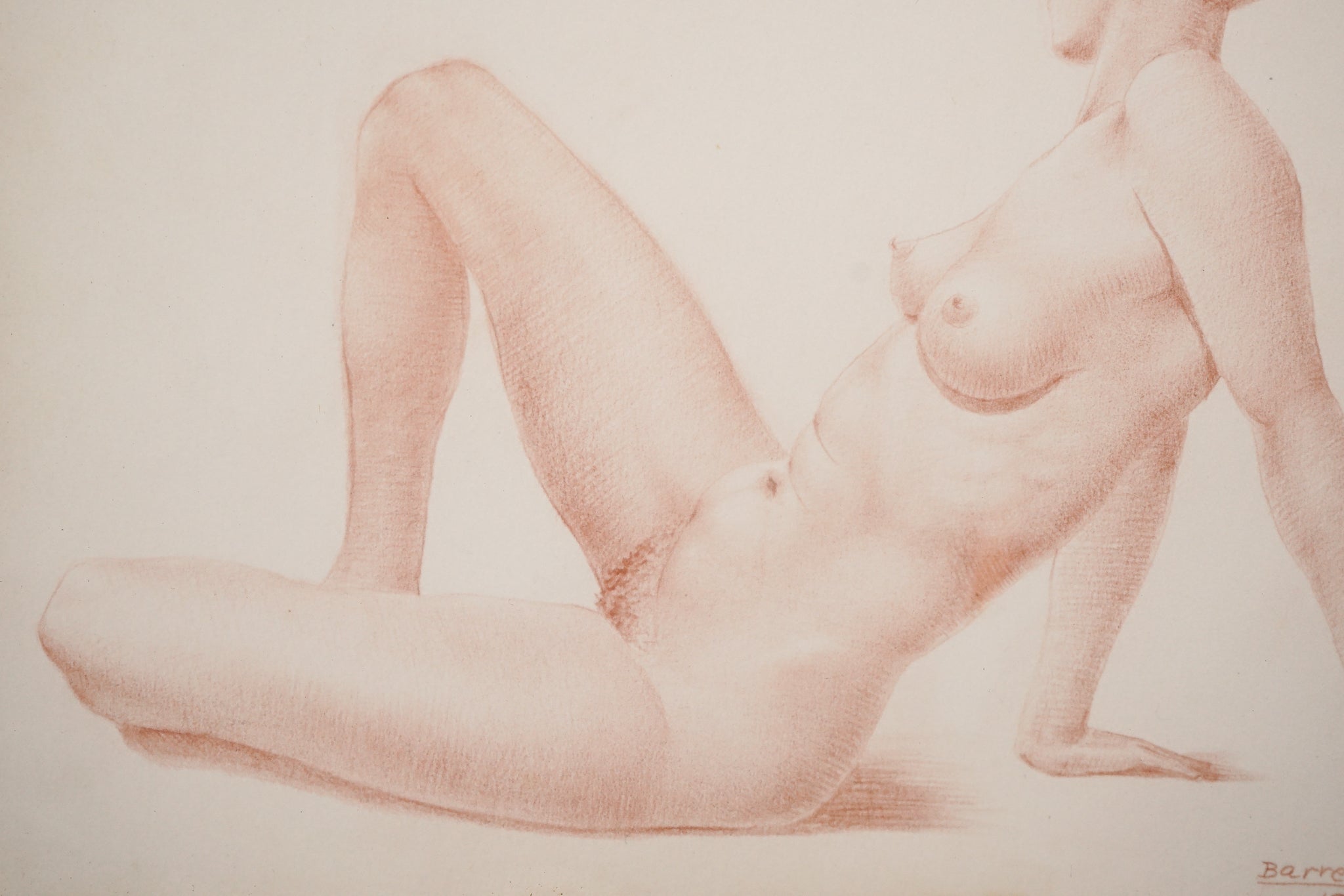 A drawing of a nude woman sitting on a chair.