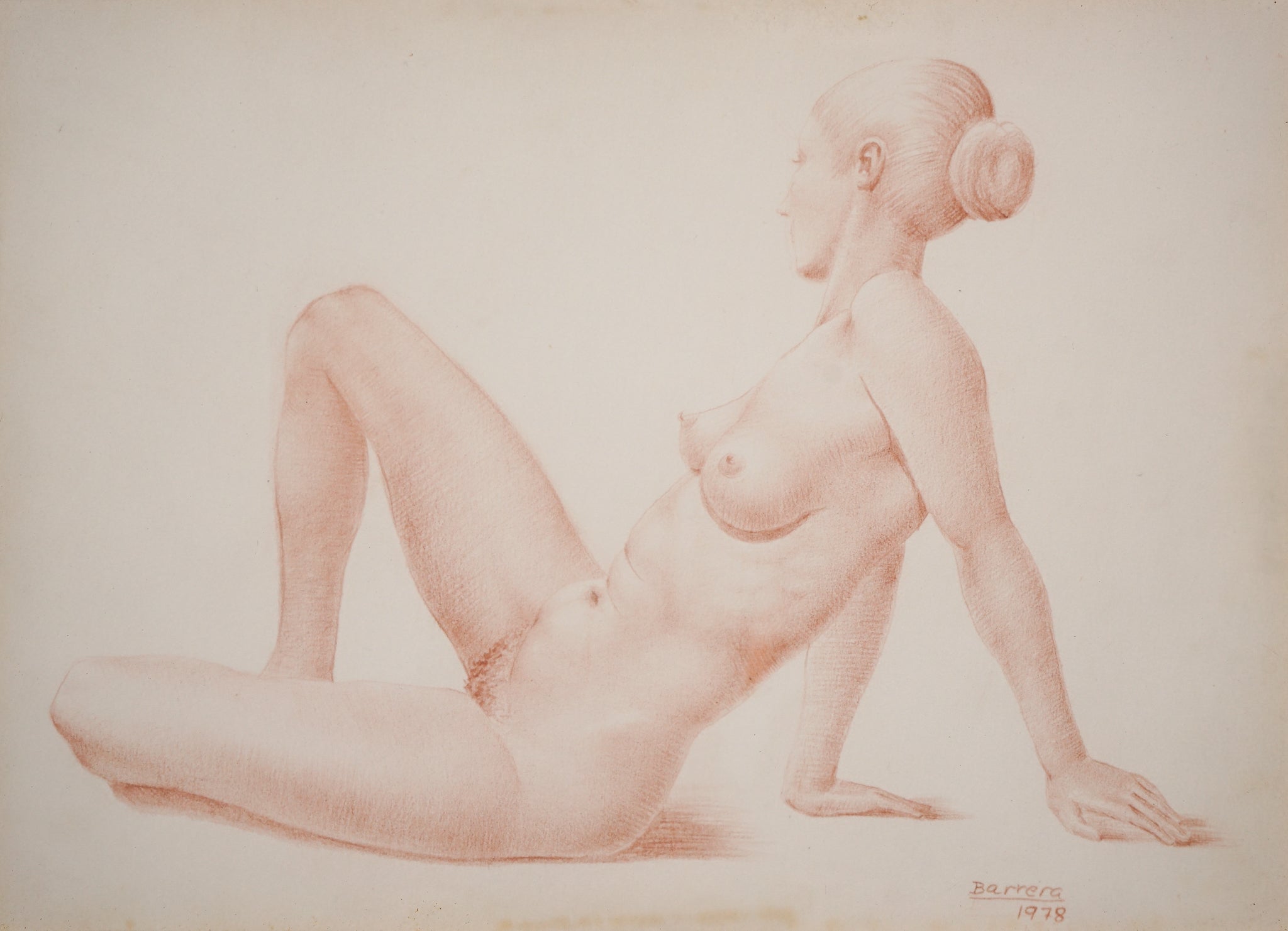 A drawing of a nude woman sitting on a chair.