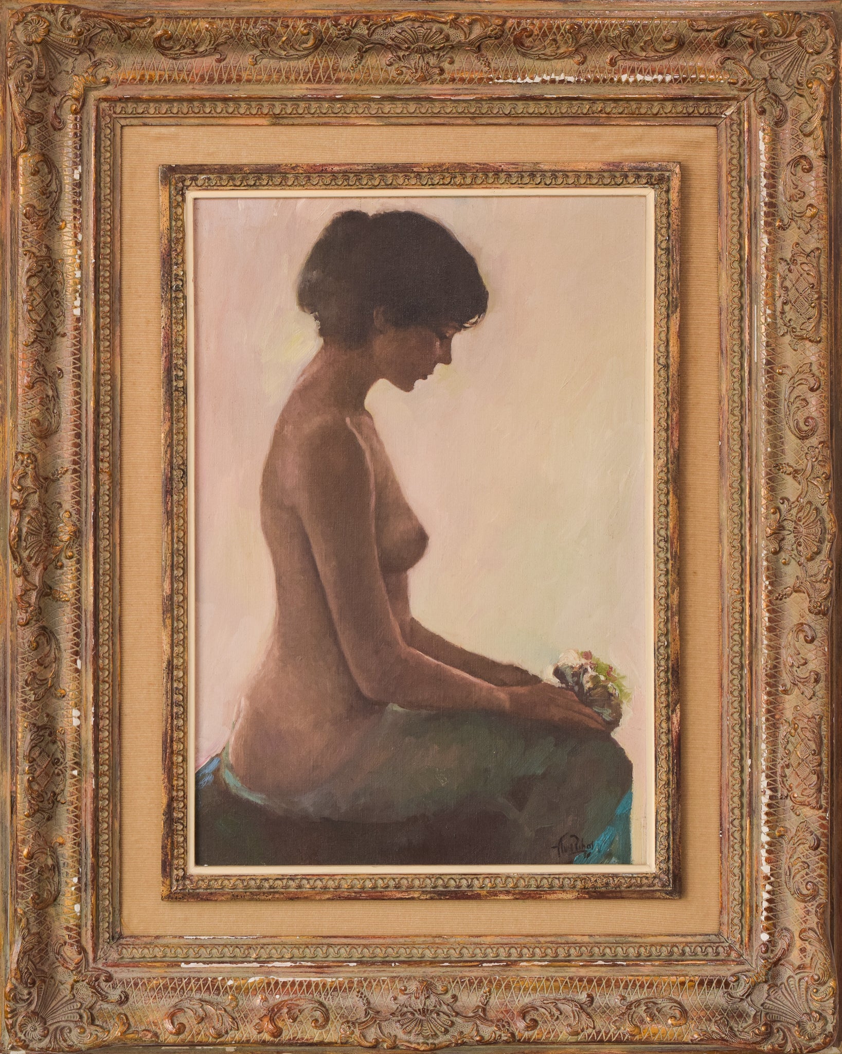 Artwork by Unknown, Female Nude Study with Bouquet of Flowers, Made of Oil on canvas 