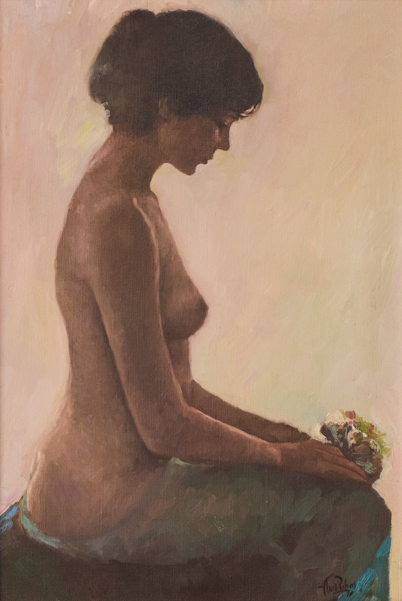 Female Nude Study with Bouquet of Flowers by Unknown, Second half 20th century