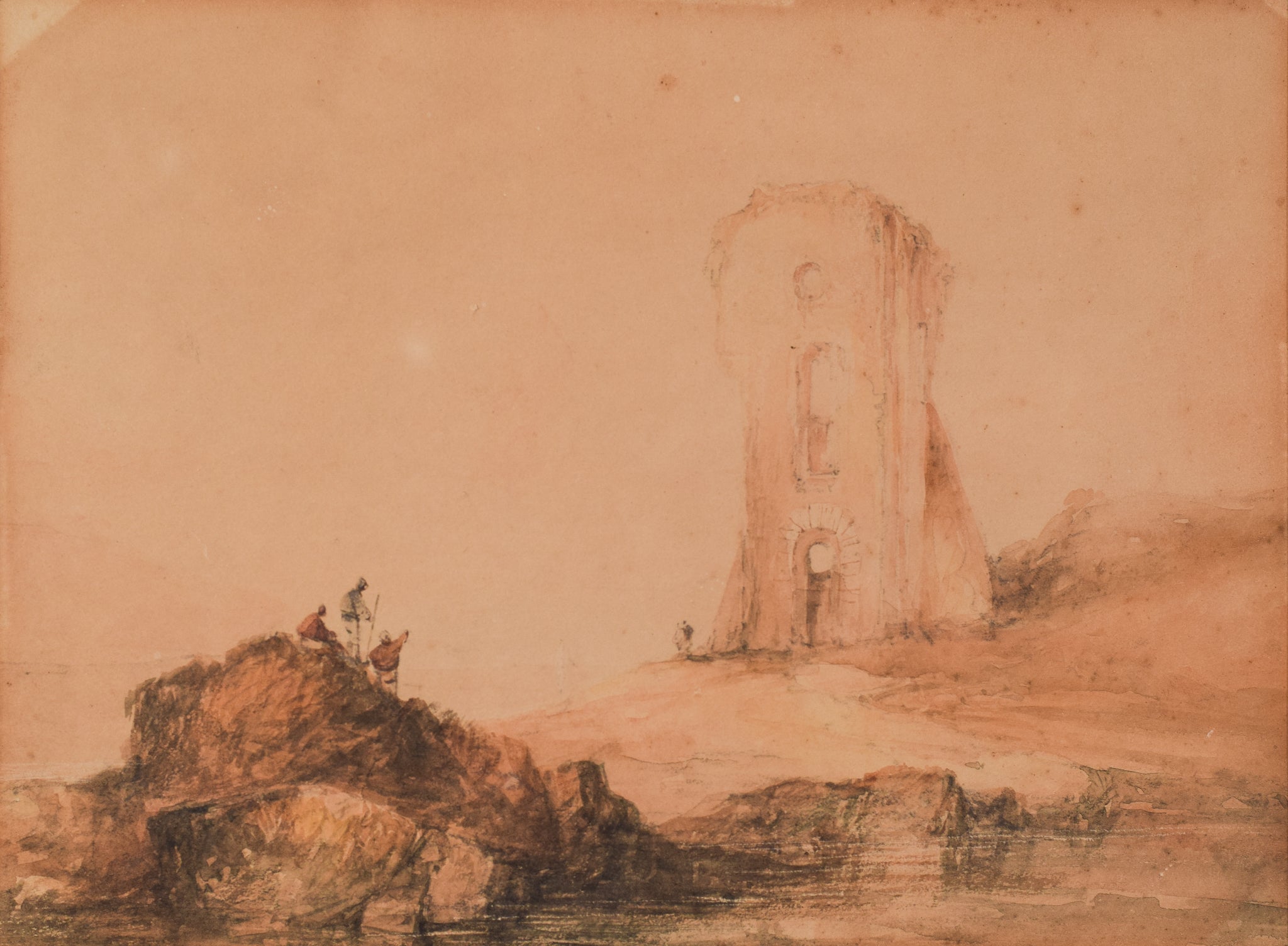 A drawing of a tower on a rocky shoreline.