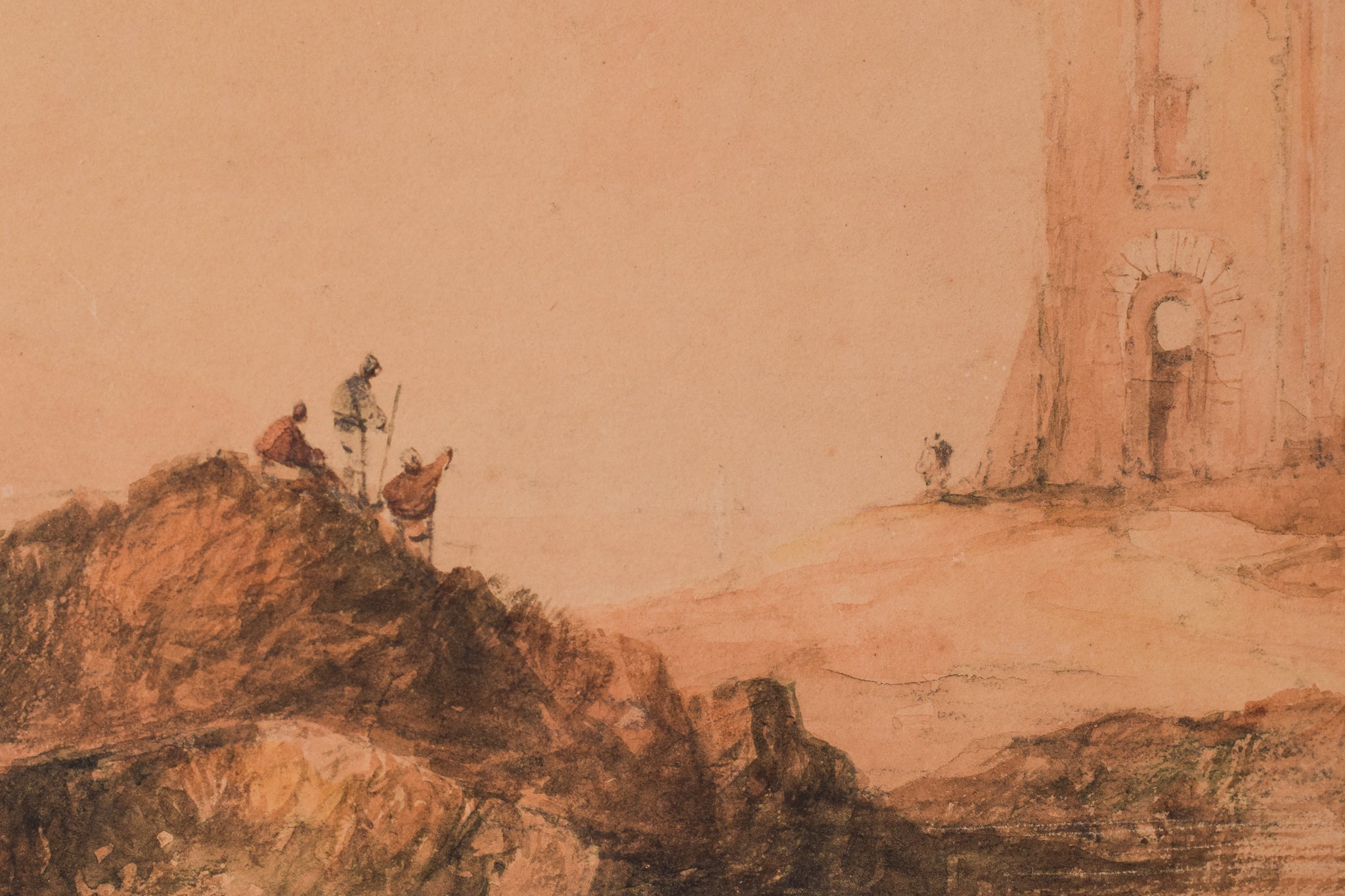 A drawing of a tower on a rocky shoreline.