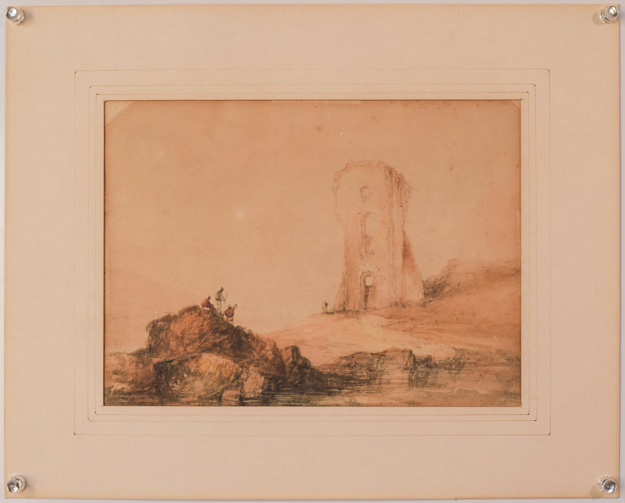 A drawing of a tower on a rocky shoreline.