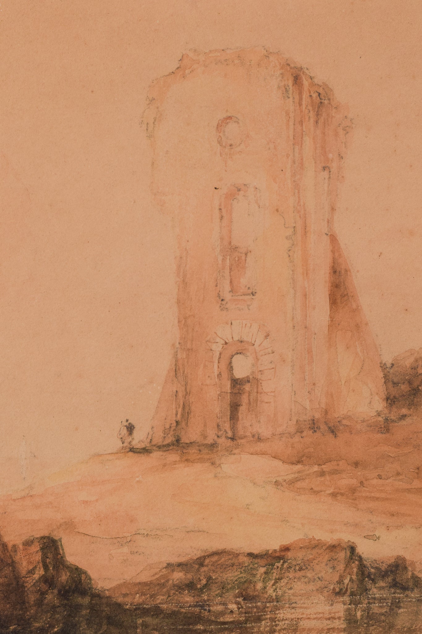 A drawing of a tower on a rocky shoreline.