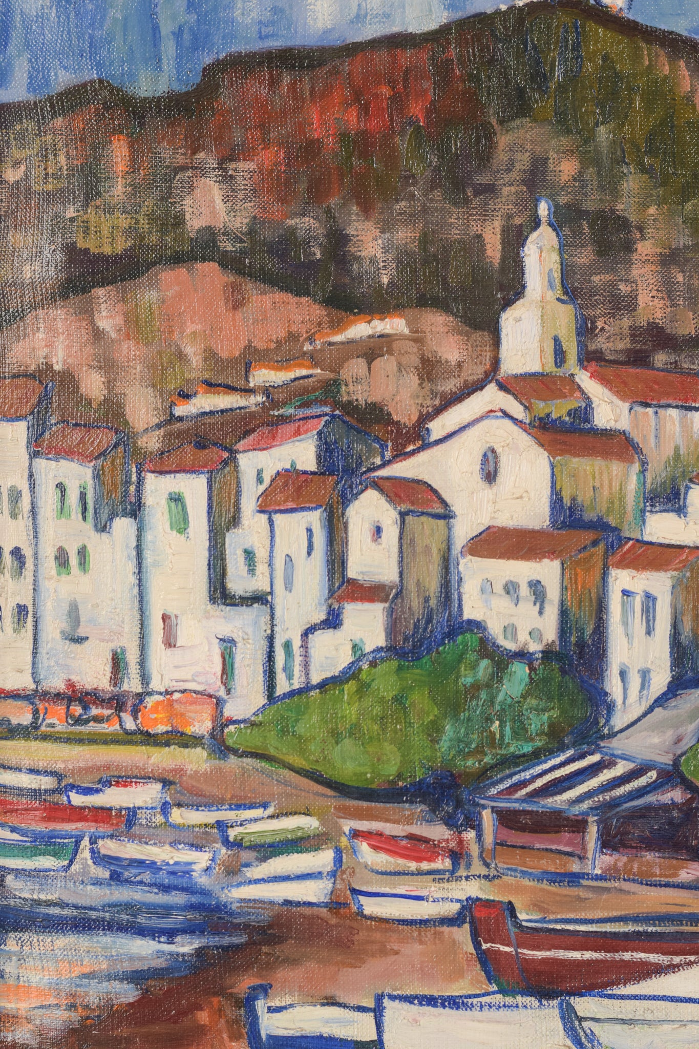 Artwork by Unknown, Fishing Village with Boats, Made of Oil on board 